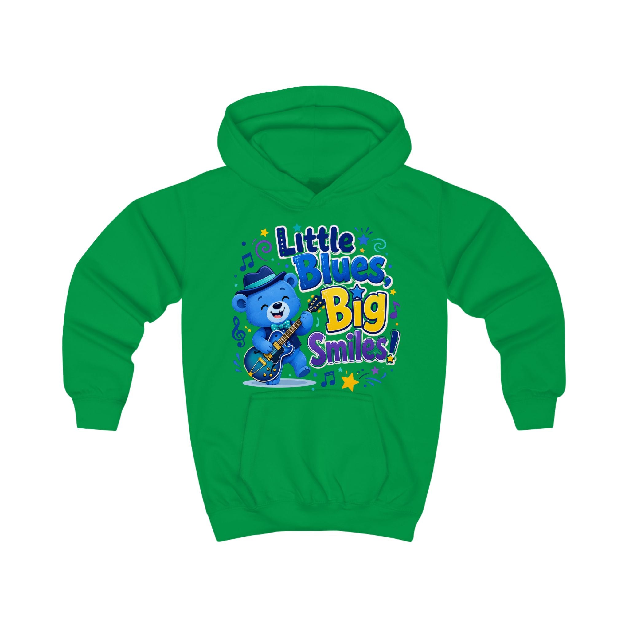 Kids Hoodie - "Little Blues, Big Smiles" Cute Blue Bear Guitar Hoodie for Toddlers