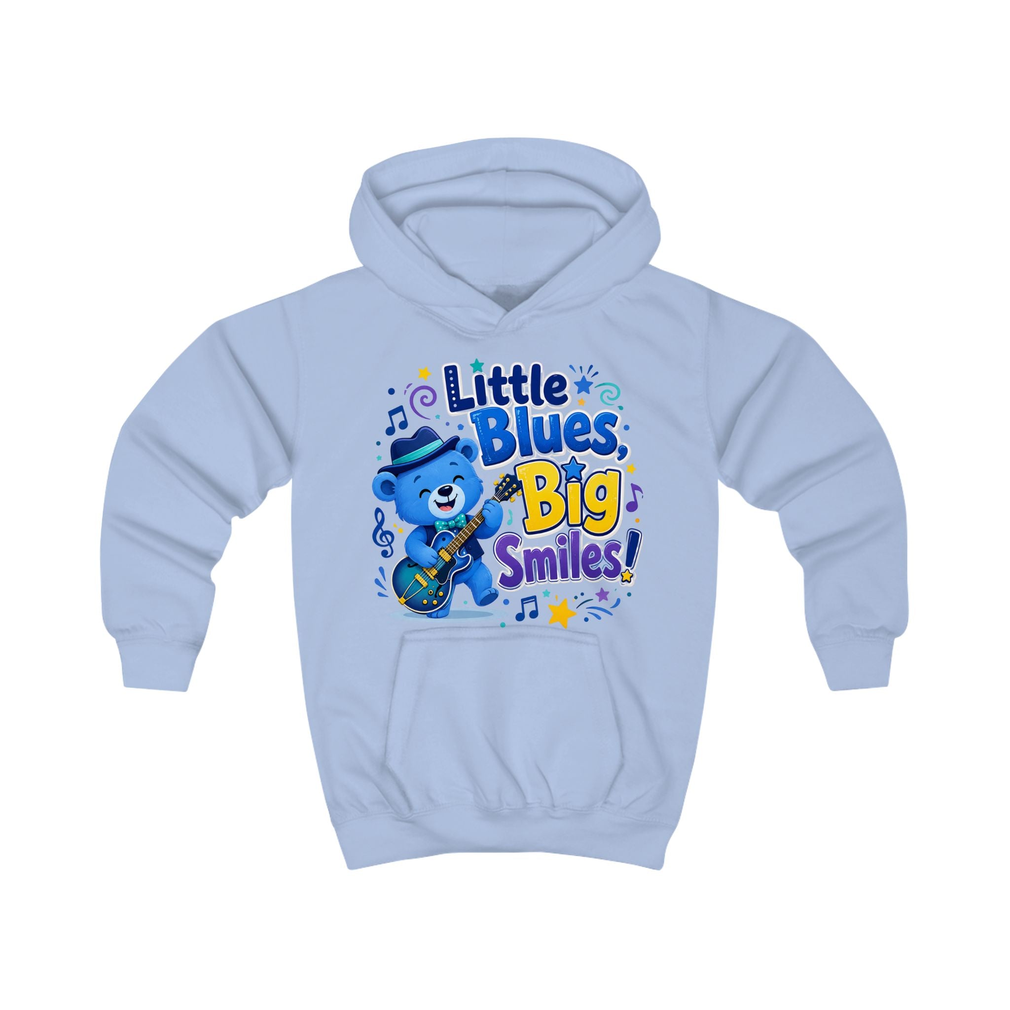 Kids Hoodie - "Little Blues, Big Smiles" Cute Blue Bear Guitar Hoodie for Toddlers