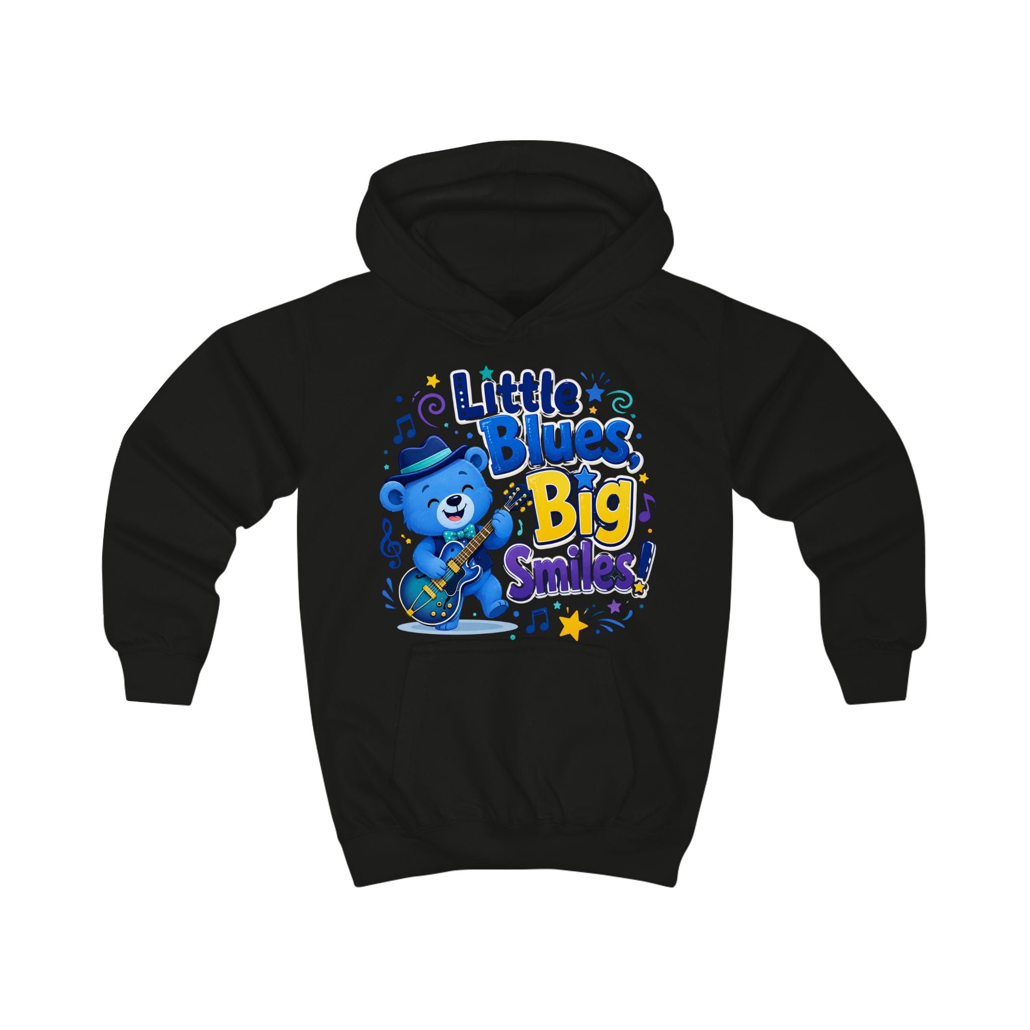 Kids Hoodie - "Little Blues, Big Smiles" Cute Blue Bear Guitar Hoodie for Toddlers