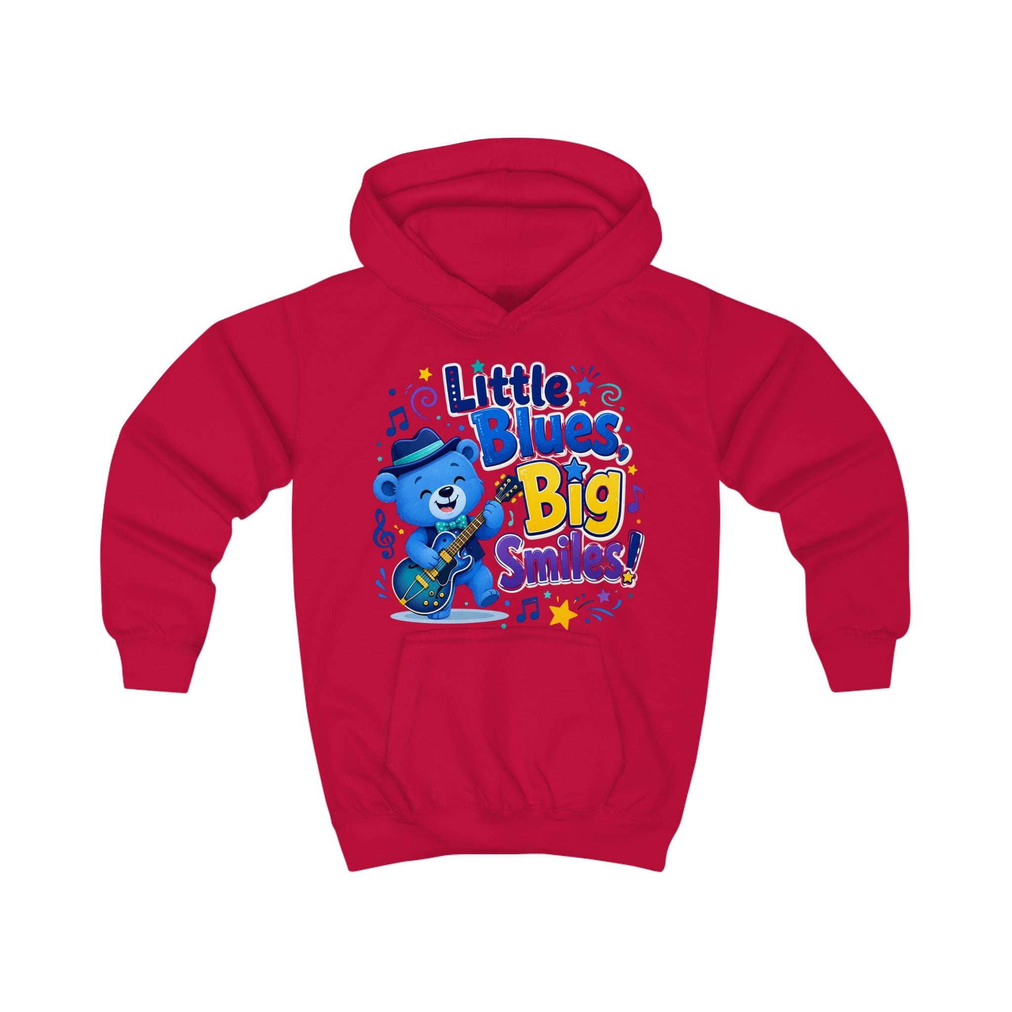 Kids Hoodie - "Little Blues, Big Smiles" Cute Blue Bear Guitar Hoodie for Toddlers