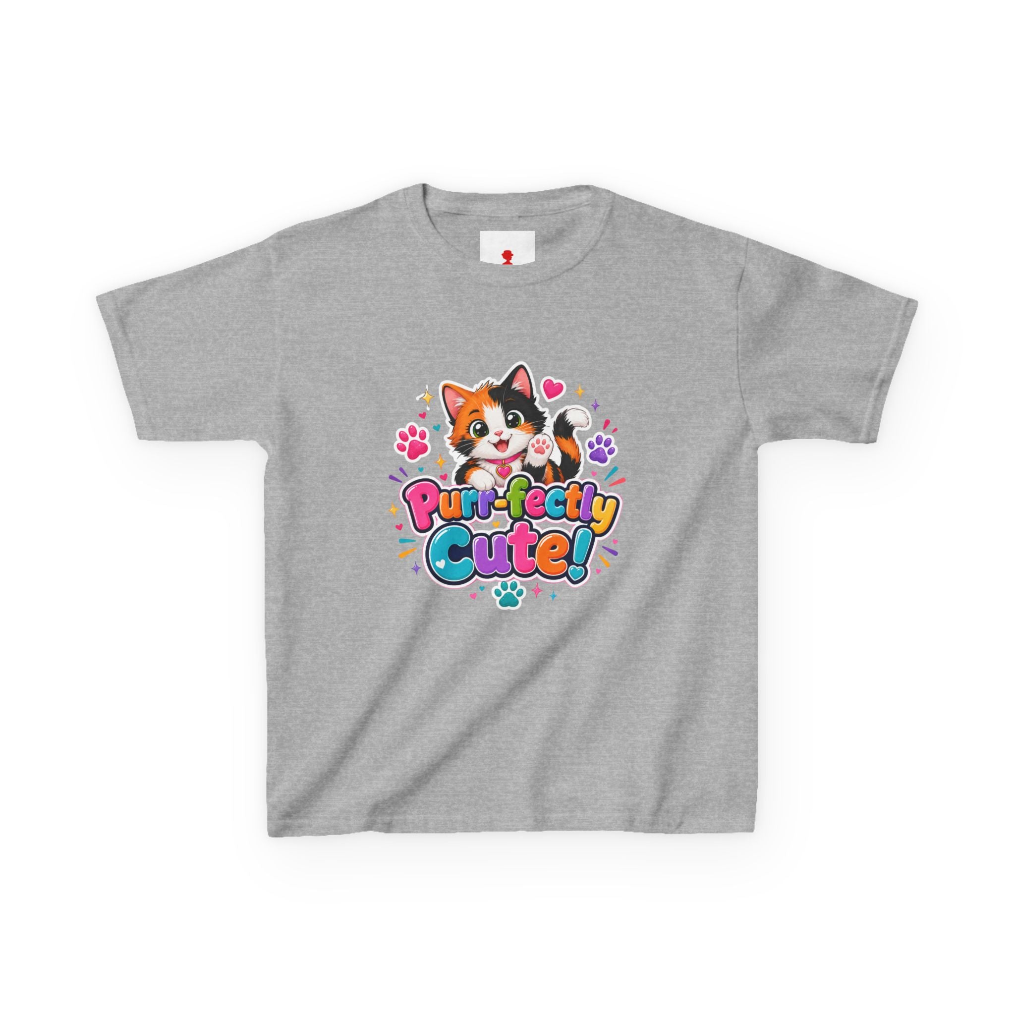 Kids Tee — “Purr-fectly Cute!” Colorful Calico Cat Graphic
