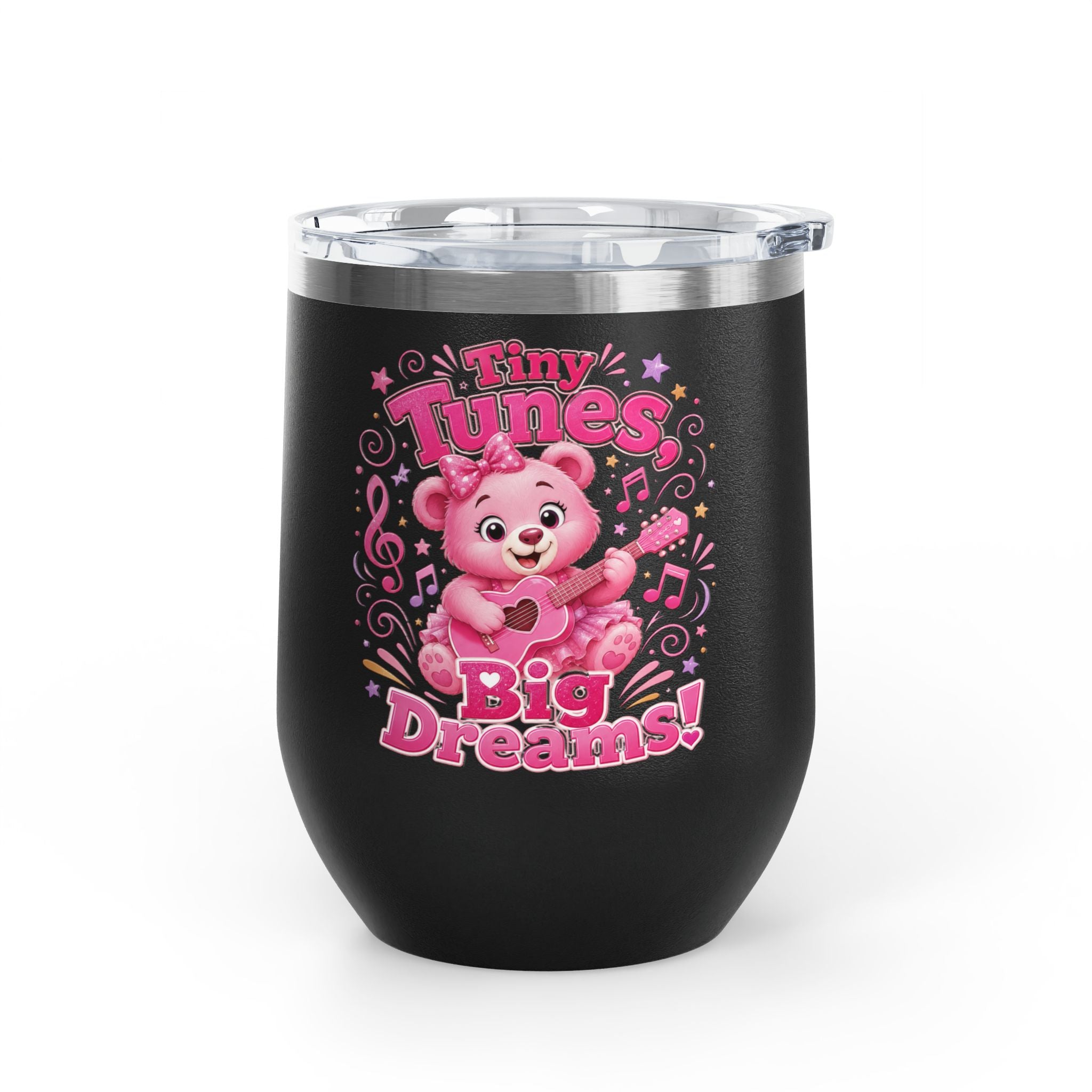 12oz Tumbler — "Tiny Tunes, Big Dreams" Cute Pink Bear Design
