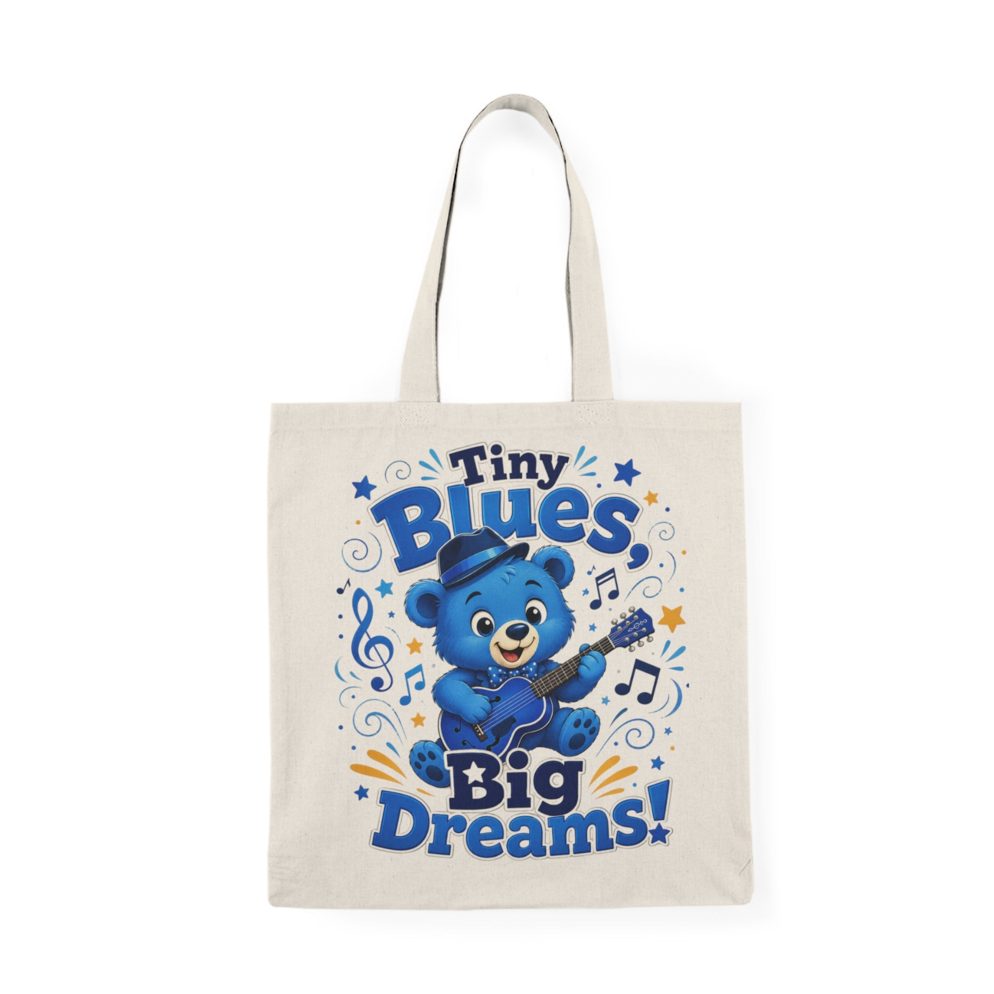 Tiny Blues Big Dreams Tote Bag — Cute Blue Bear Music Graphic Cotton Tote
