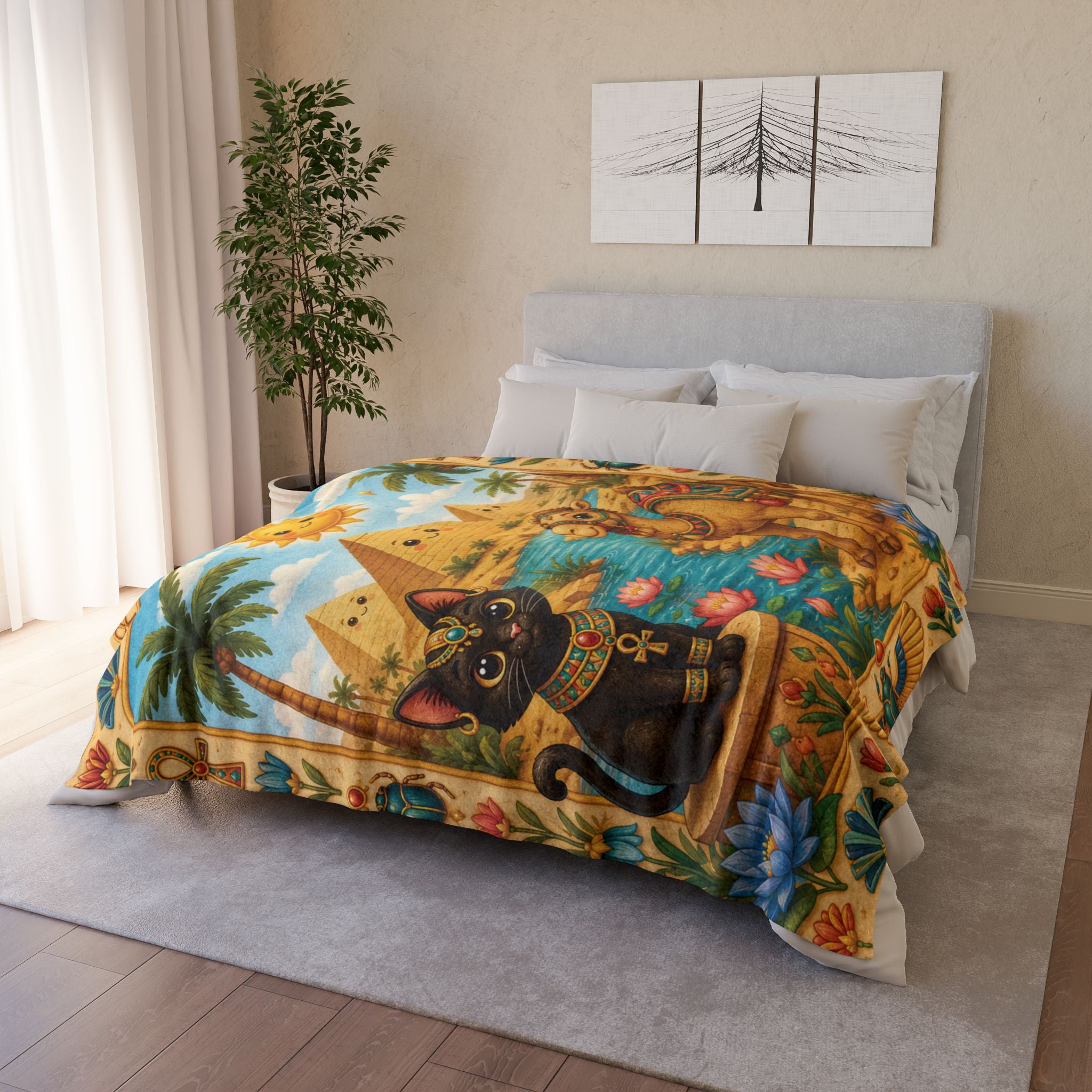 Egyptian Cat and Camel Blanket | Pyramid Sun Retro Egyptian Illustration
