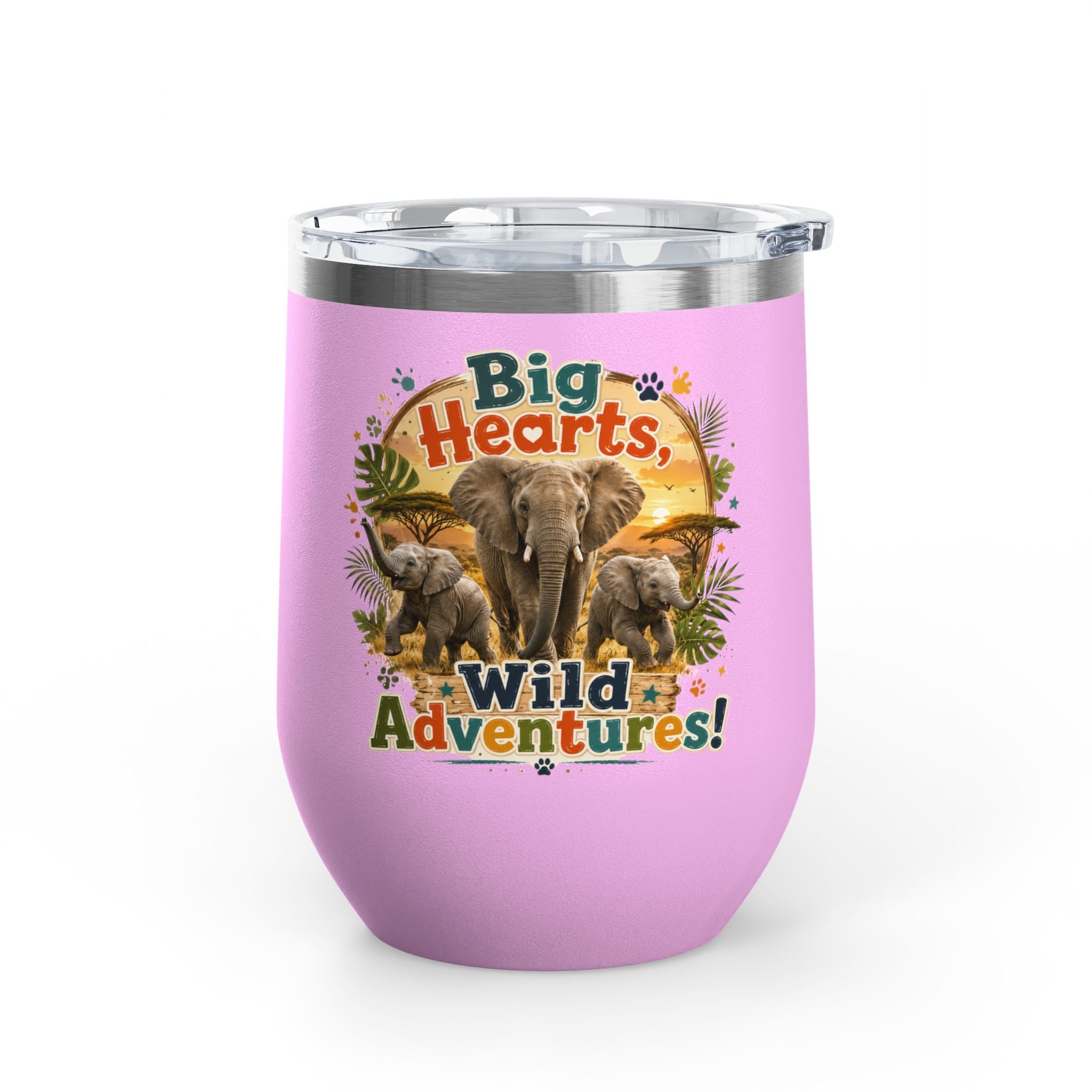 12oz Tumbler — "Big Hearts, Wild Adventures!" Elephant Safari Travel Cup