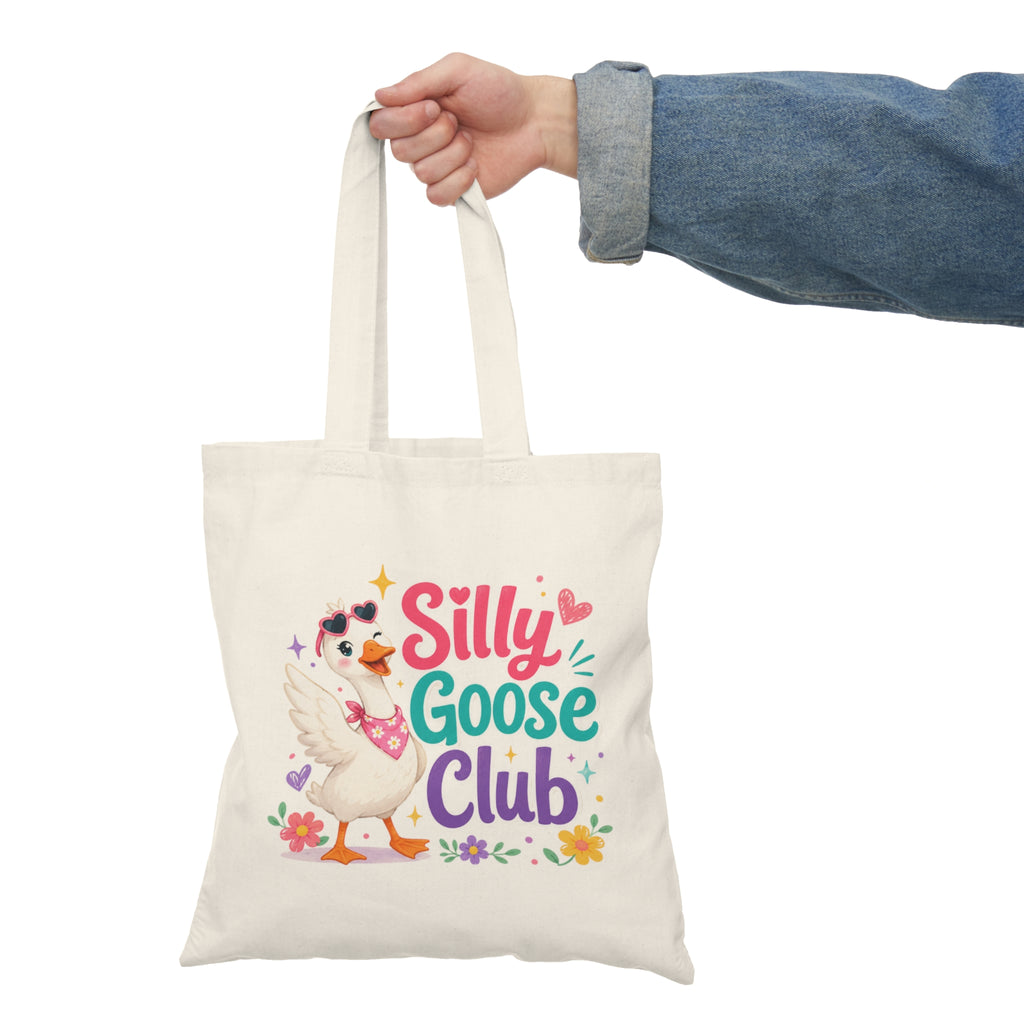 Silly Goose Club Tote Bag — Cute Floral Cartoon Canvas Grocery Tote