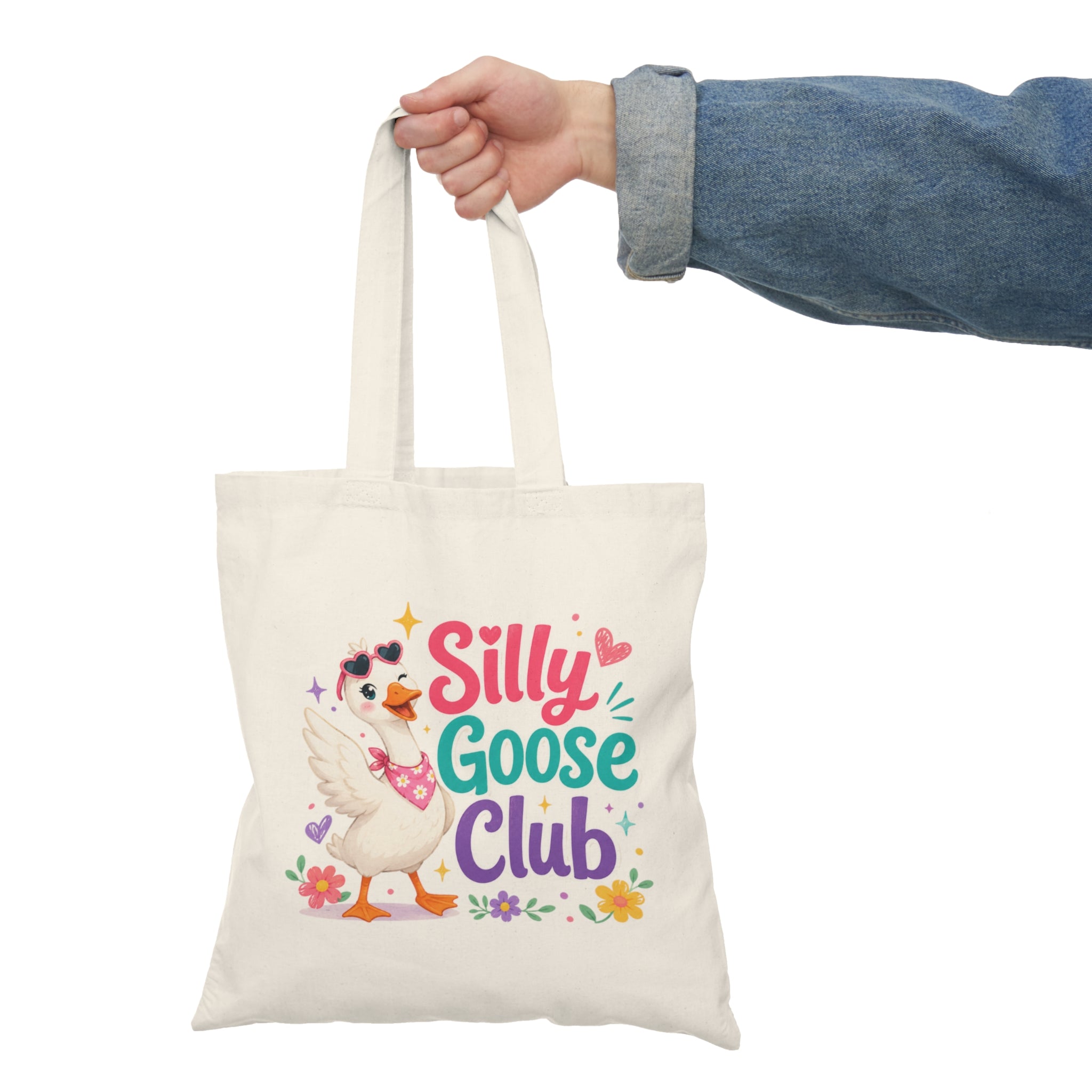 Silly Goose Club Tote Bag — Cute Floral Cartoon Canvas Grocery Tote