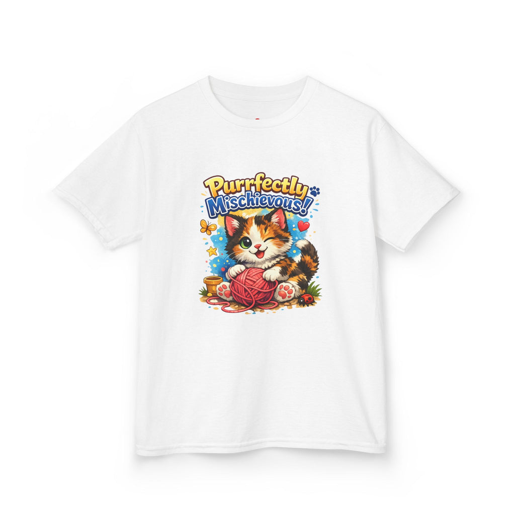 Kids T-Shirt — "Purrfectly Mischievous" Cute Kitten Playing with Yarn