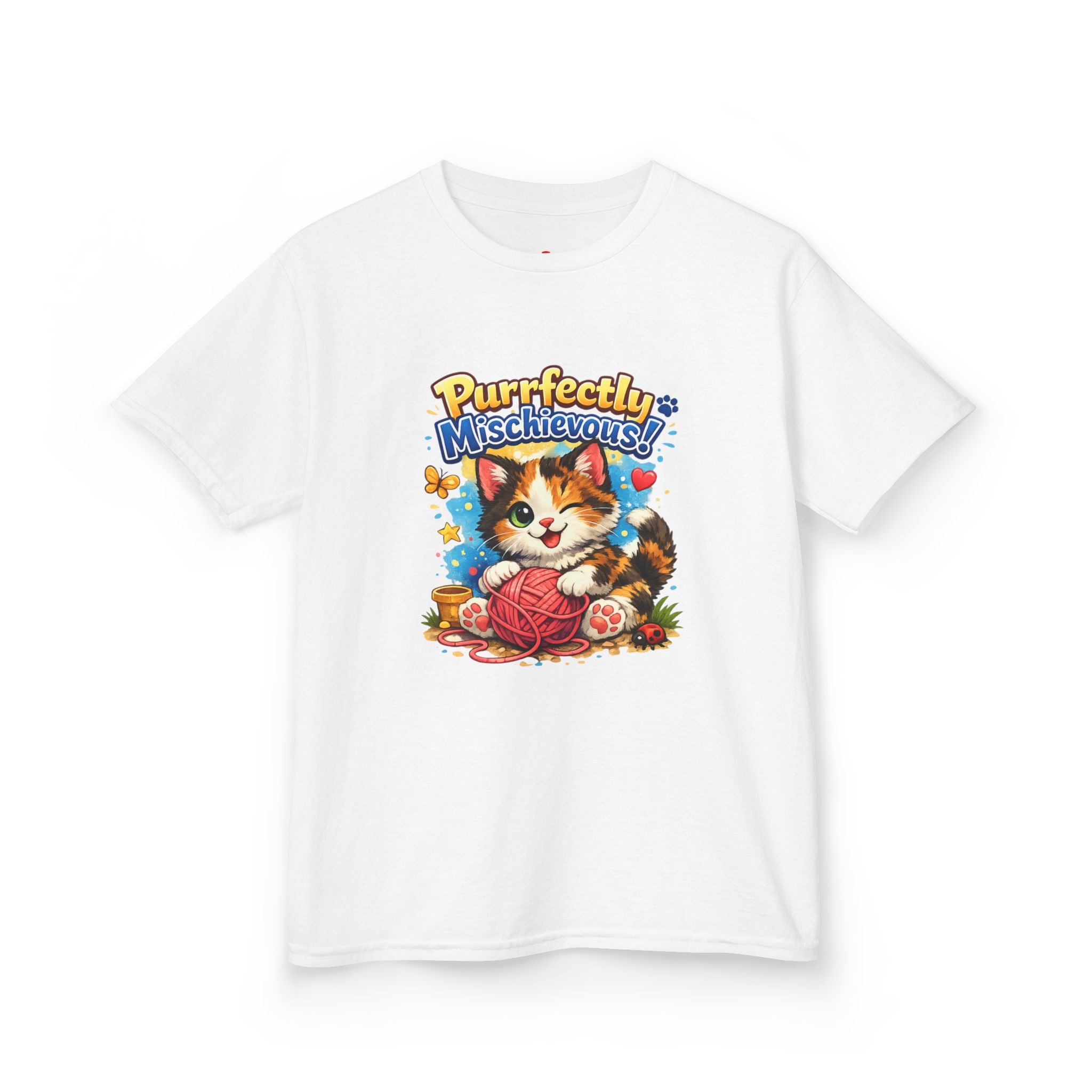 Kids T-Shirt — "Purrfectly Mischievous" Cute Kitten Playing with Yarn