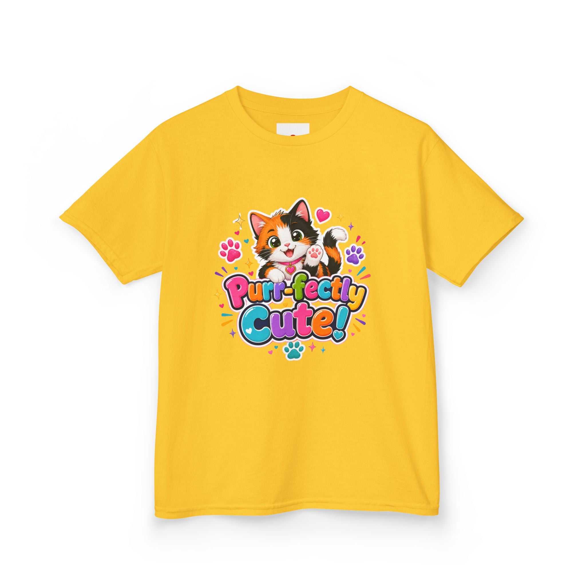 Kids Tee — “Purr-fectly Cute!” Colorful Calico Cat Graphic