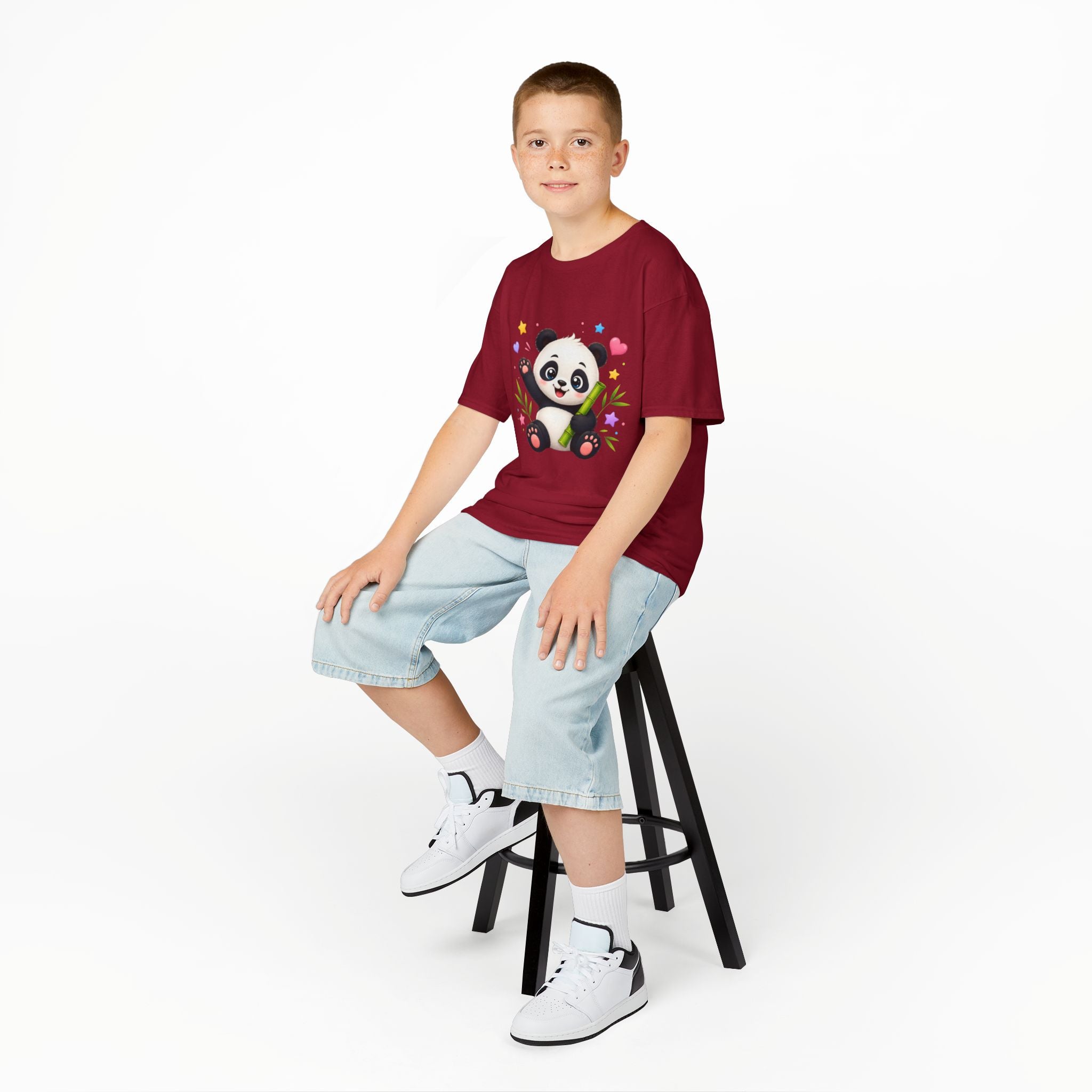 Cute Panda Kids T‑Shirt — Smiling Baby Panda with Hearts & Bamboo