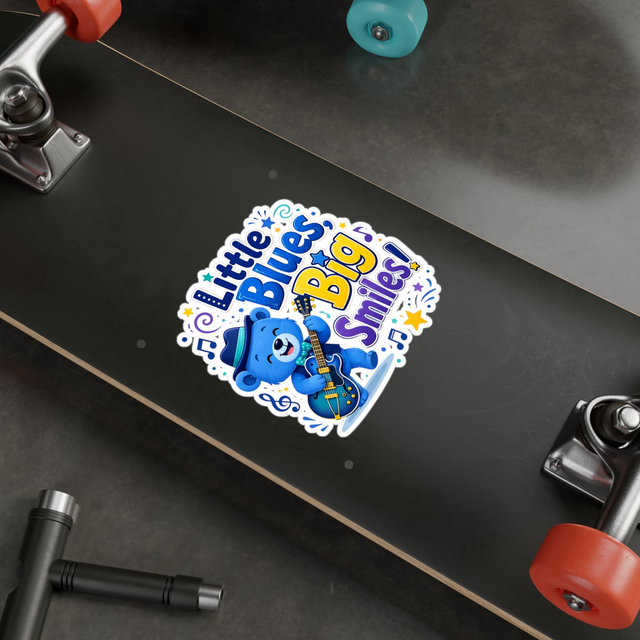 Little Blues Big Smiles Sticker — Cute Guitar Bear Kiss-Cut Vinyl Decal