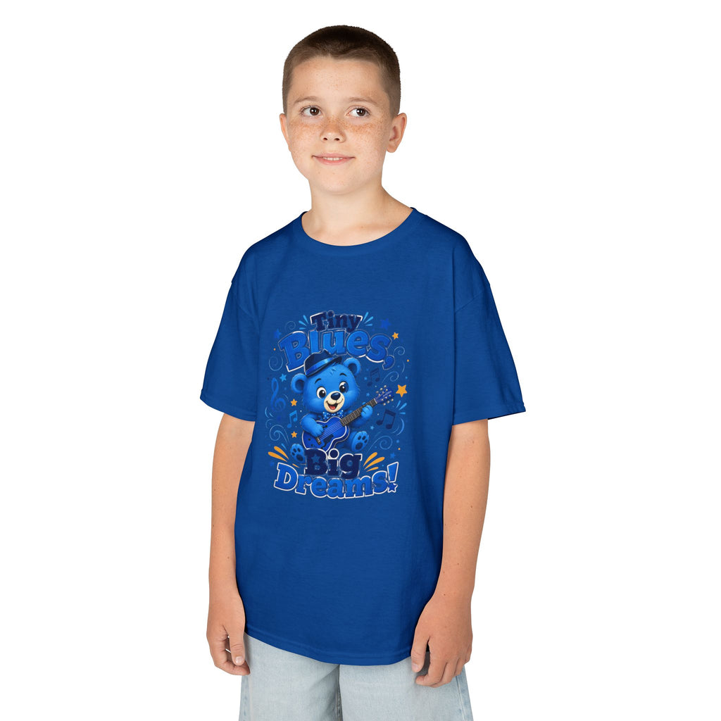 Kids Tee - "Tiny Blues, Big Dreams!" Cute Blue Bear Music Graphic