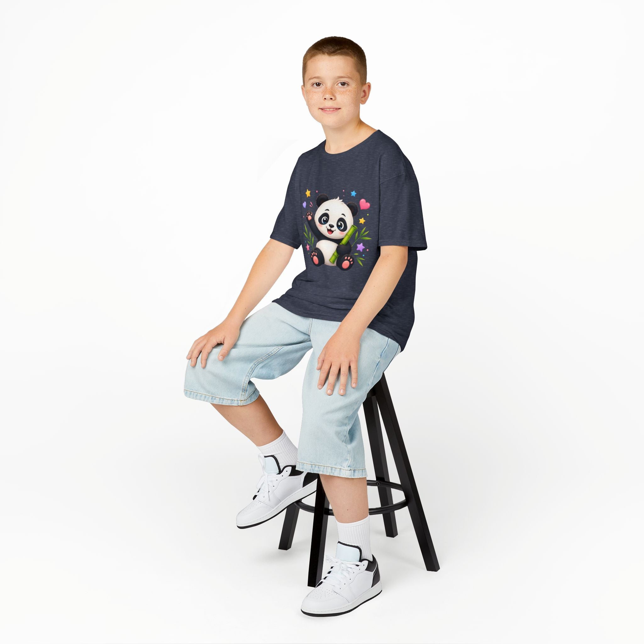 Cute Panda Kids T‑Shirt — Smiling Baby Panda with Hearts & Bamboo