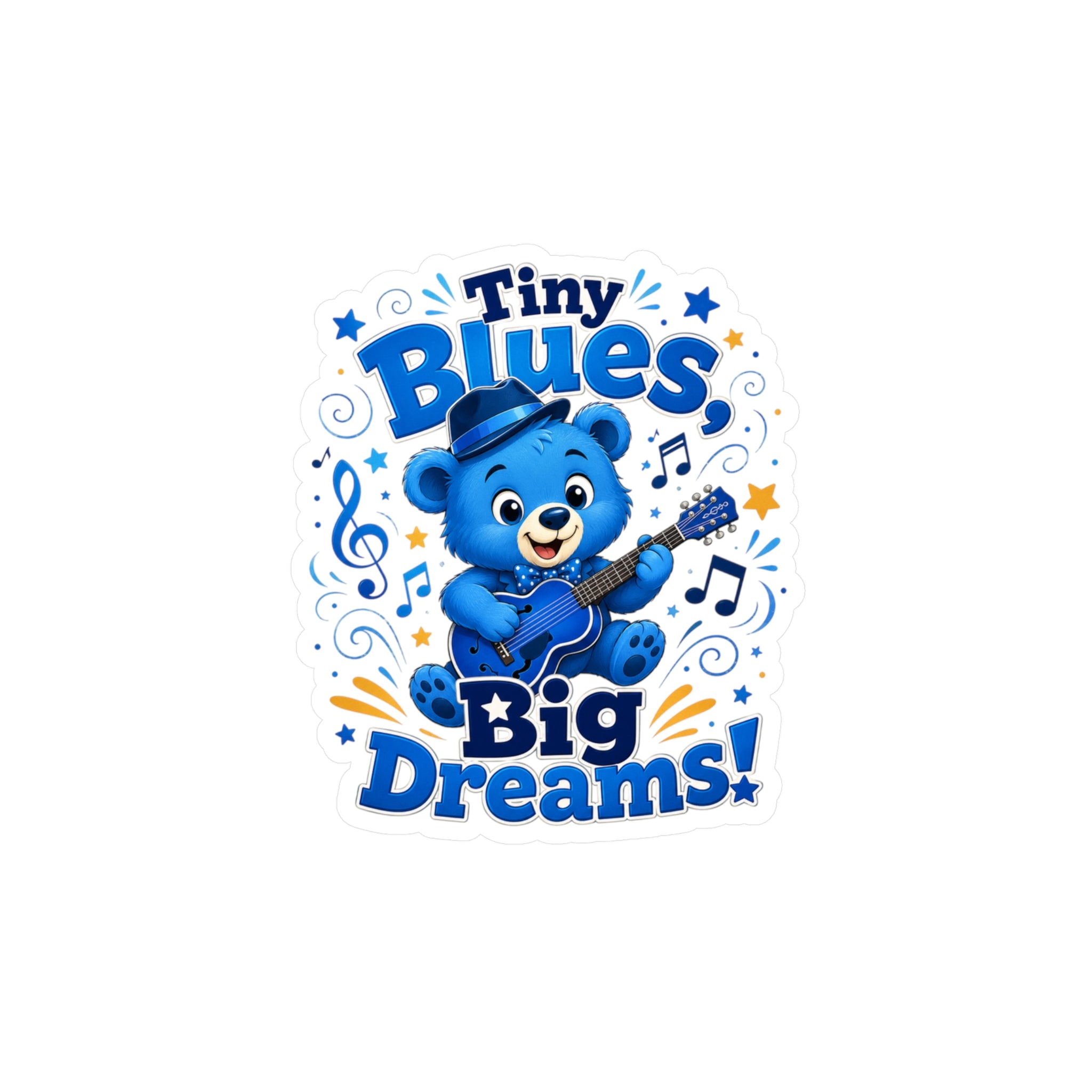 Tiny Blues Big Dreams Sticker — Cute Blue Bear Guitar Kiss-Cut Vinyl Decal