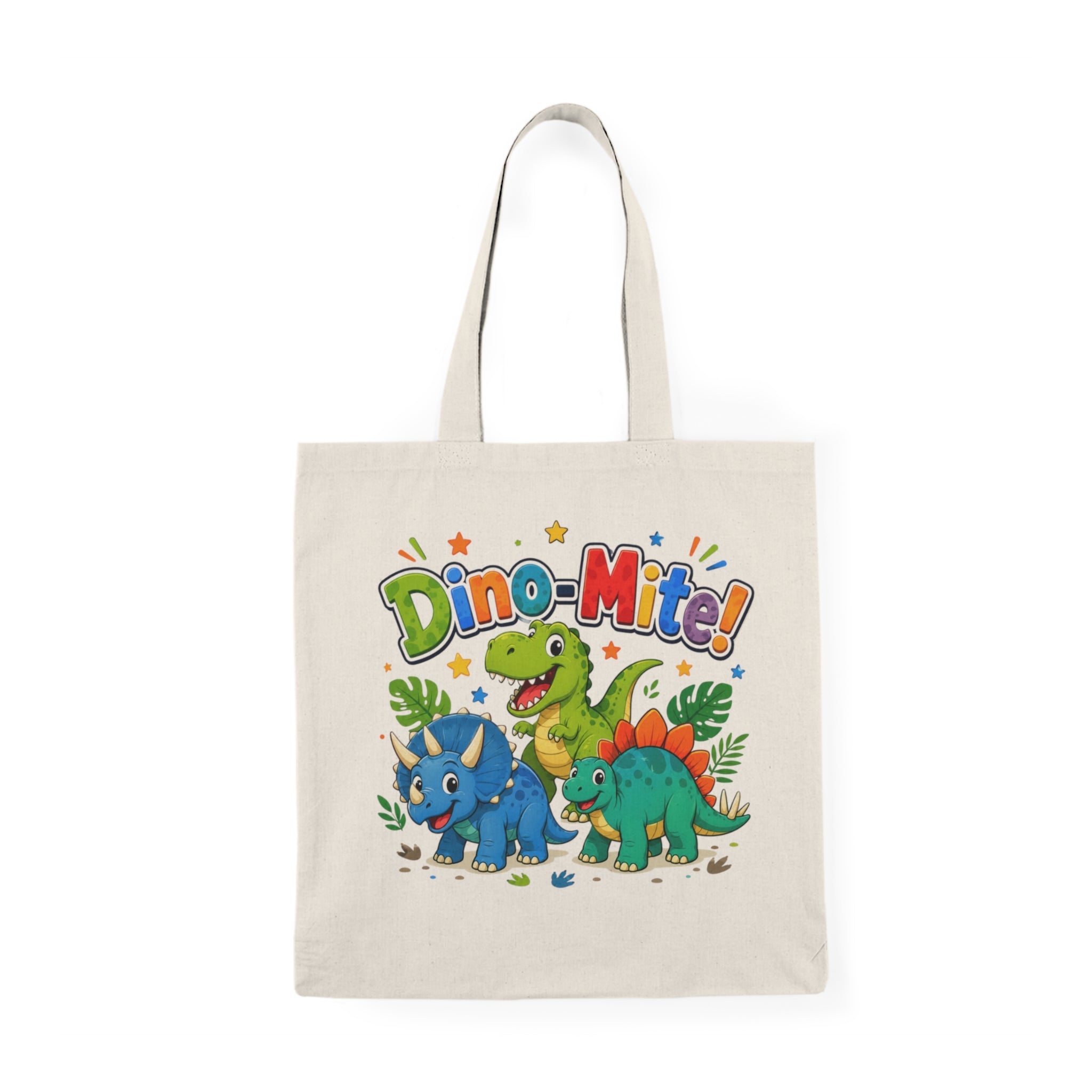 Dino-Mite! Cute Kids Dinosaur Tote Bag — Canvas Natural Grocery & School Bag