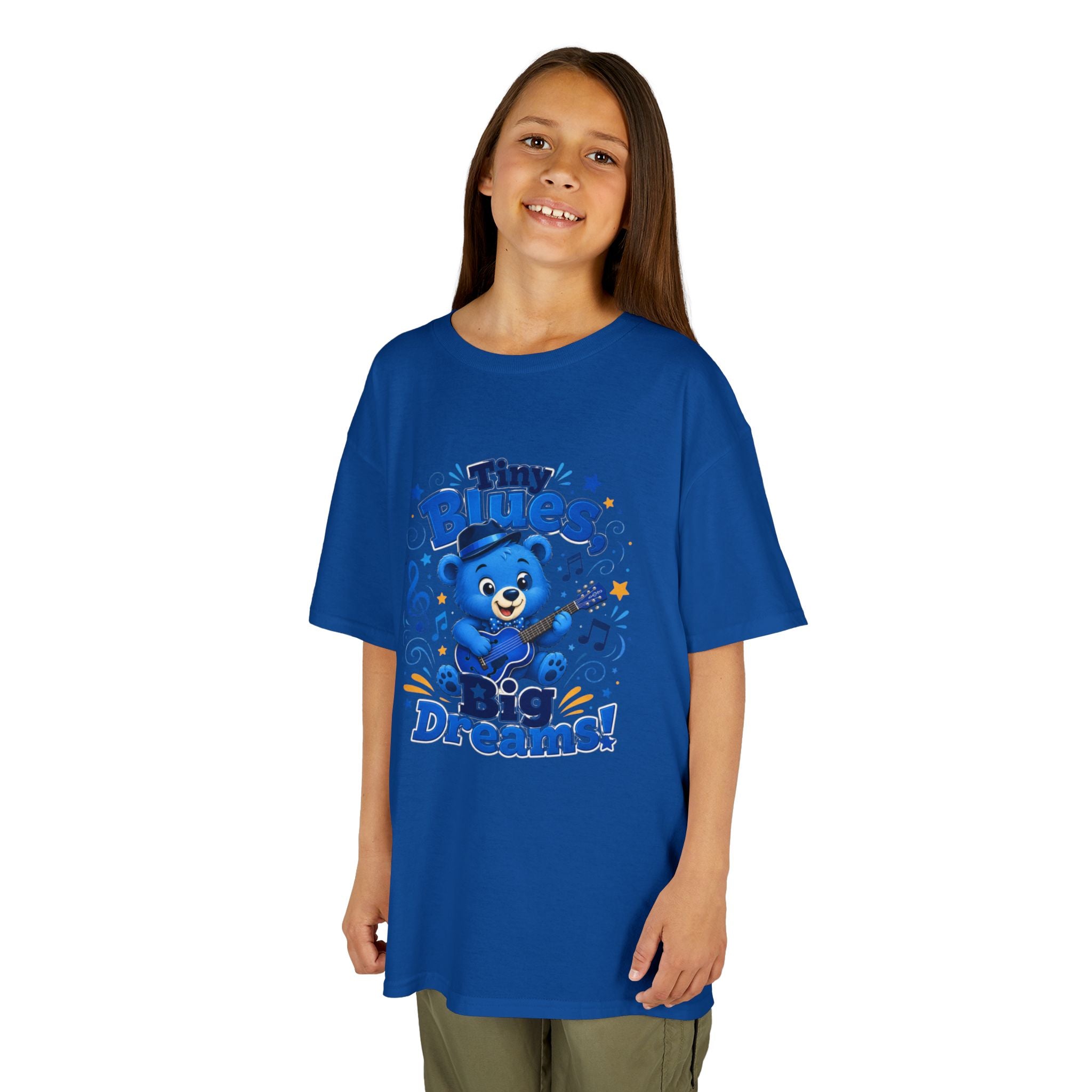 Kids Tee - "Tiny Blues, Big Dreams!" Cute Blue Bear Music Graphic