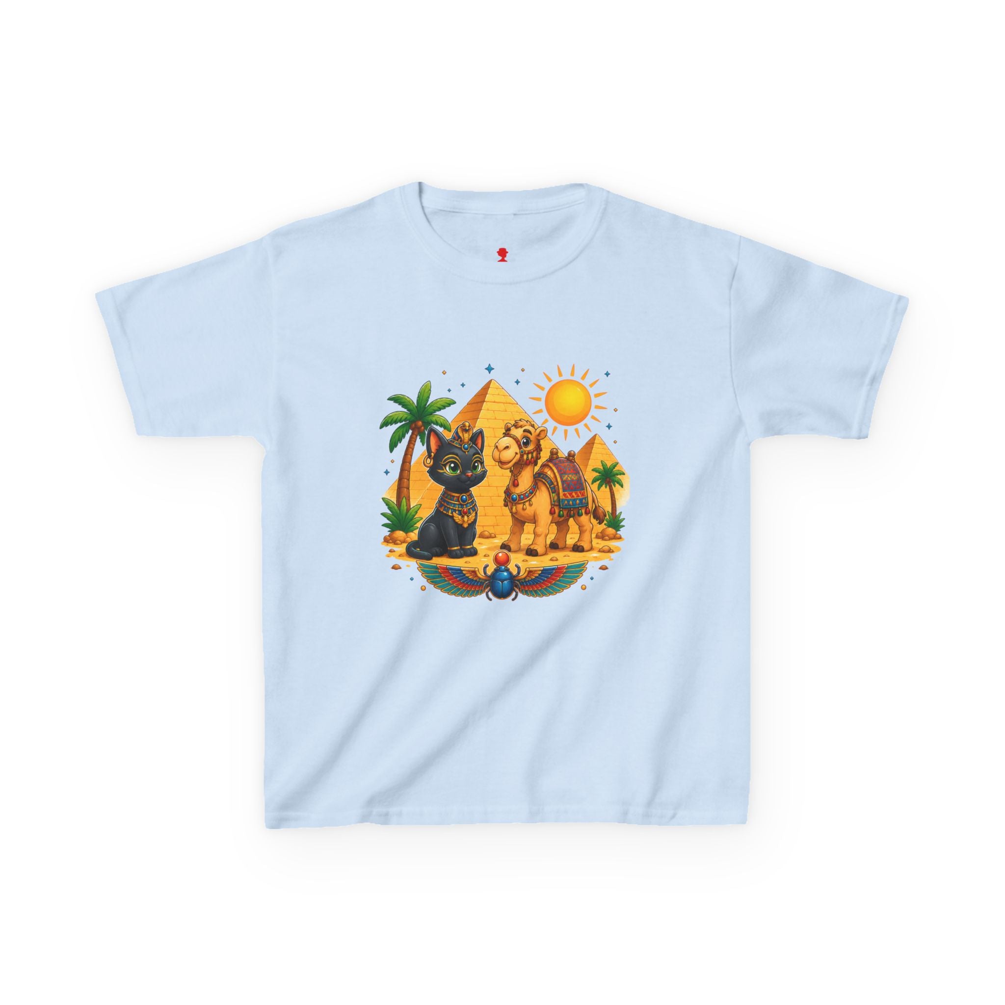 Egyptian Cats and Camel Kids Tee | Pyramid Desert Sun Illustration