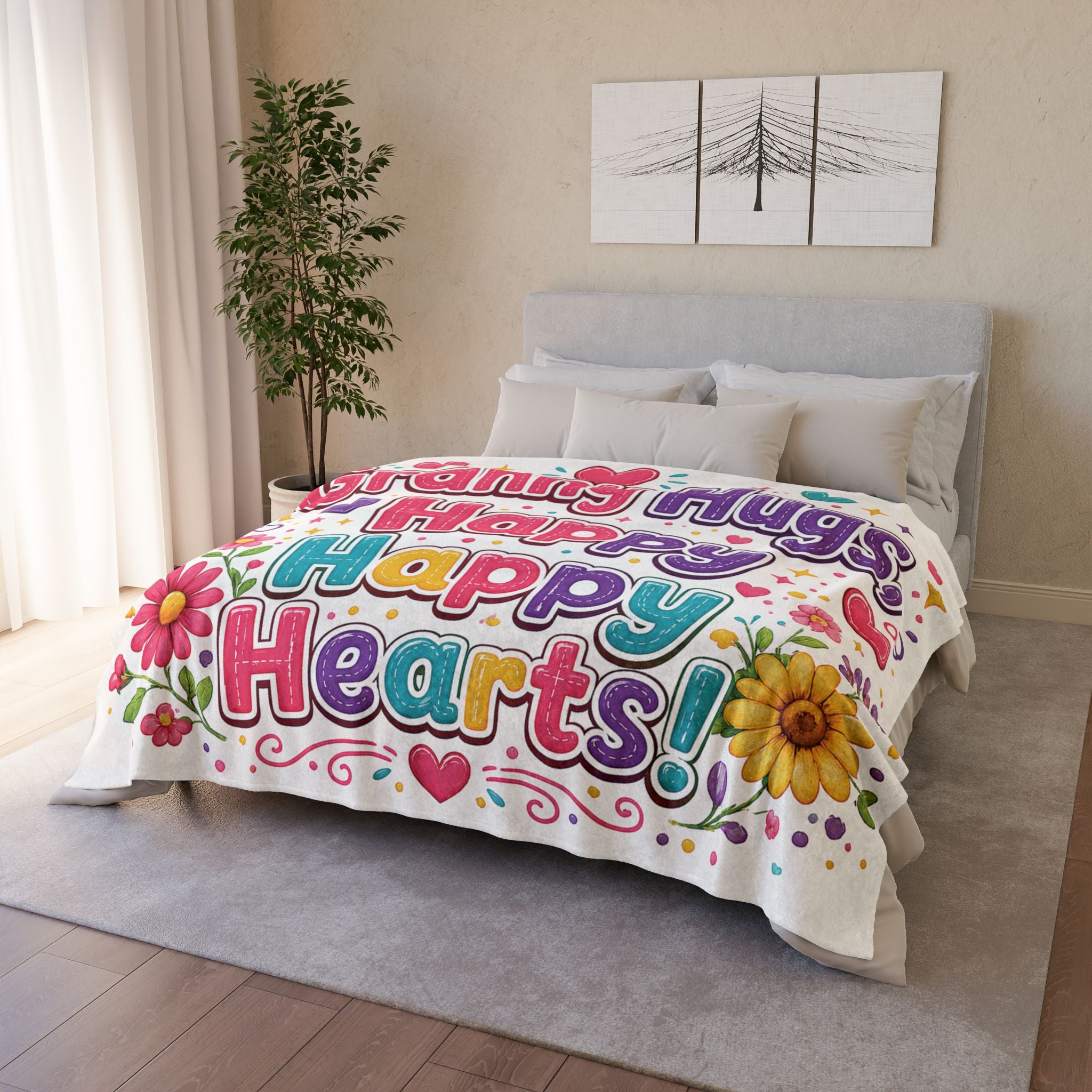 Granny Hugs Happy Happy Hearts Blanket | Floral Heart Retro Typography