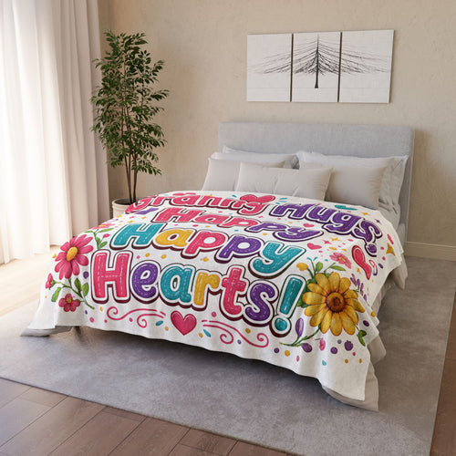 Granny Hugs Happy Happy Hearts Blanket | Floral Heart Retro Typography
