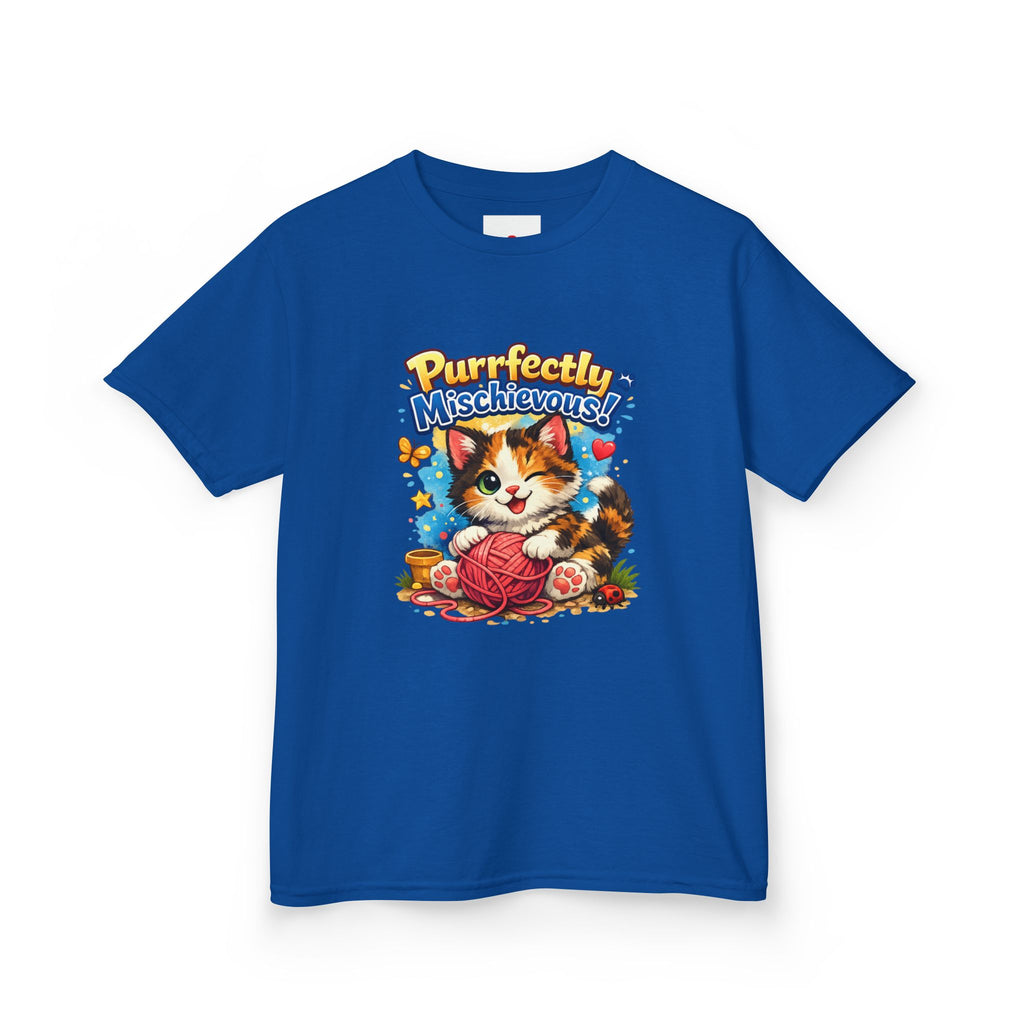Kids T-Shirt — "Purrfectly Mischievous" Cute Kitten Playing with Yarn