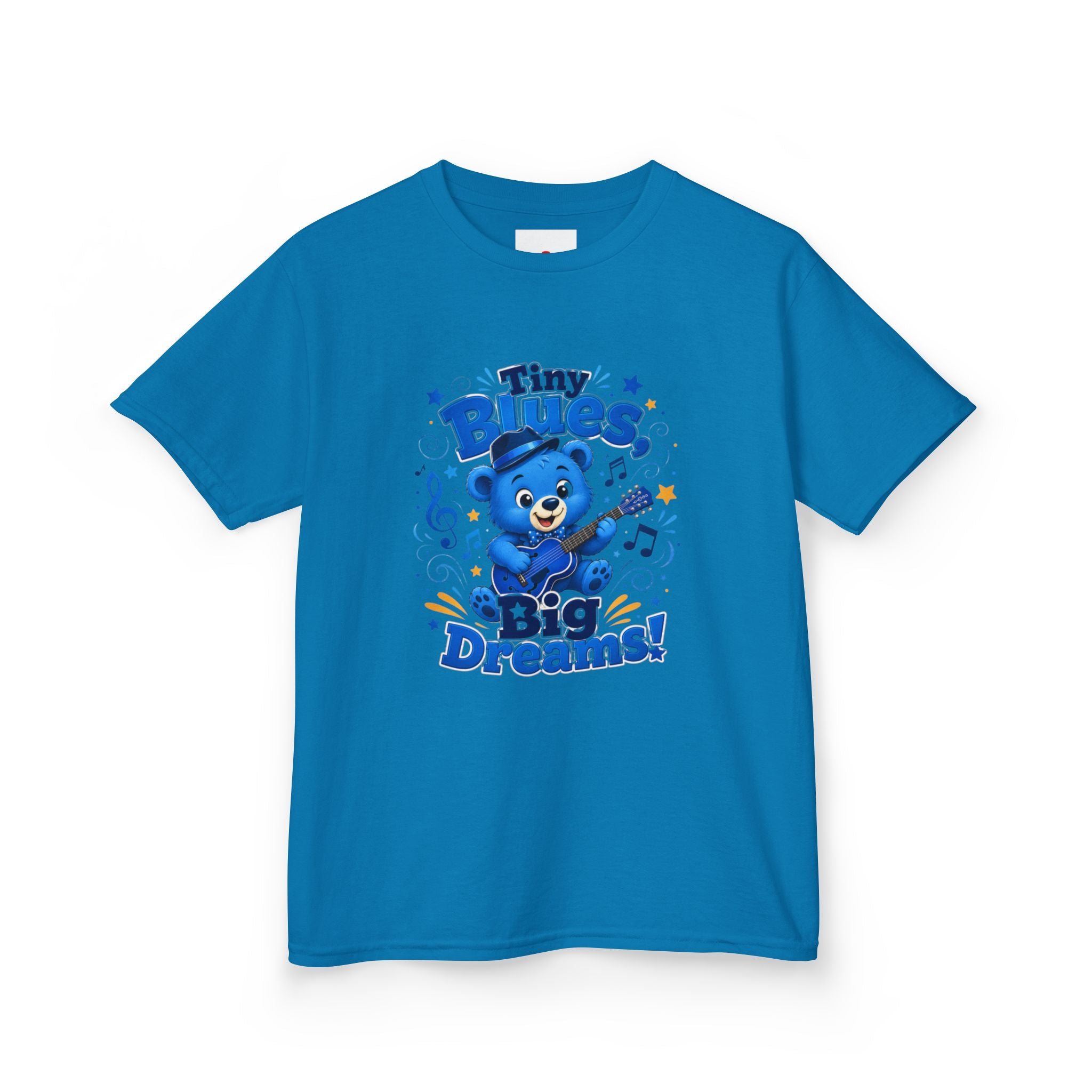 Kids Tee - "Tiny Blues, Big Dreams!" Cute Blue Bear Music Graphic