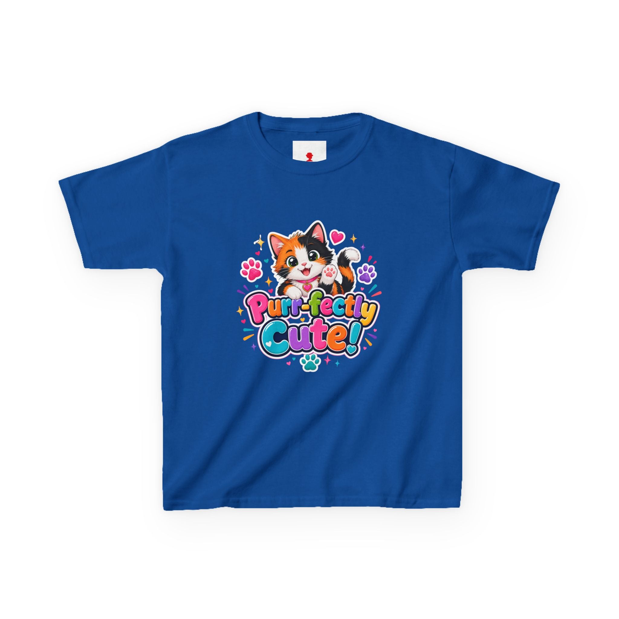Kids Tee — “Purr-fectly Cute!” Colorful Calico Cat Graphic