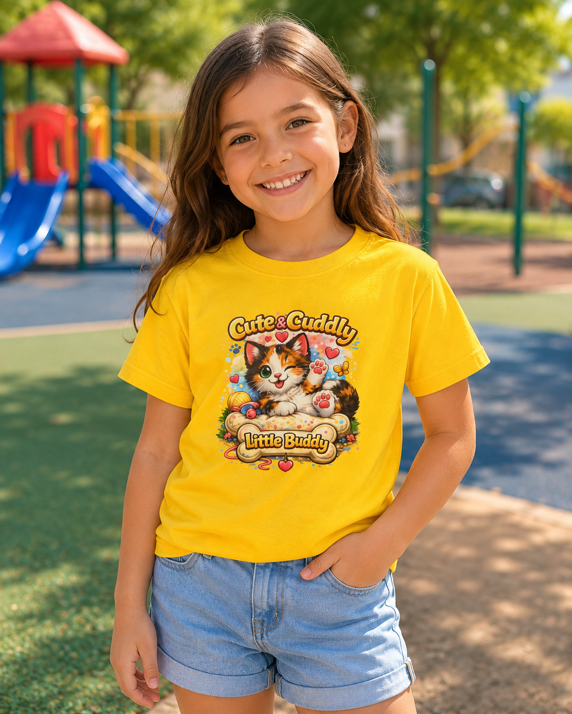 Kids T-Shirt — "Cute & Cuddly Little Buddy" Cat Graphic Tee
