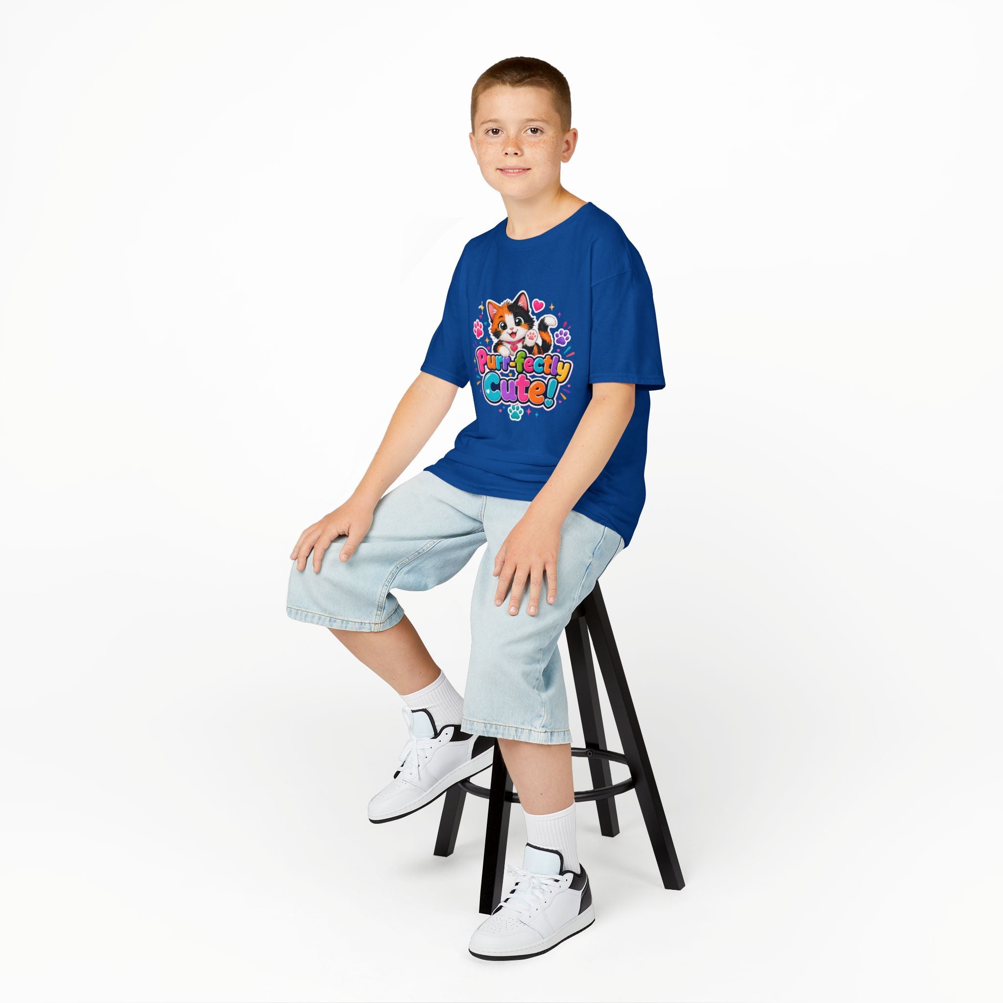 Kids Tee — “Purr-fectly Cute!” Colorful Calico Cat Graphic