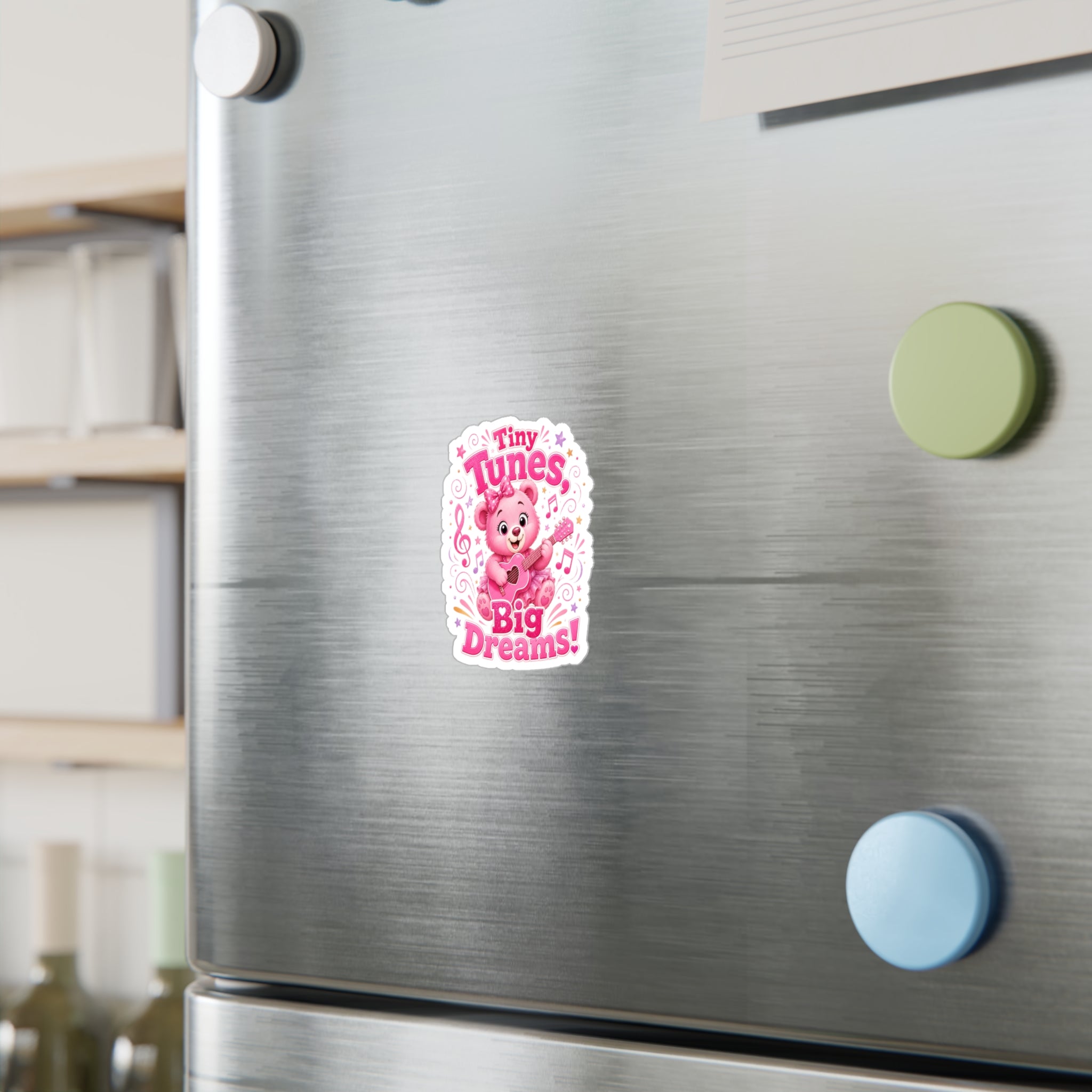 Kiss-Cut Vinyl Decal — Pink Bear "Tiny Tunes, Big Dreams" Sticker