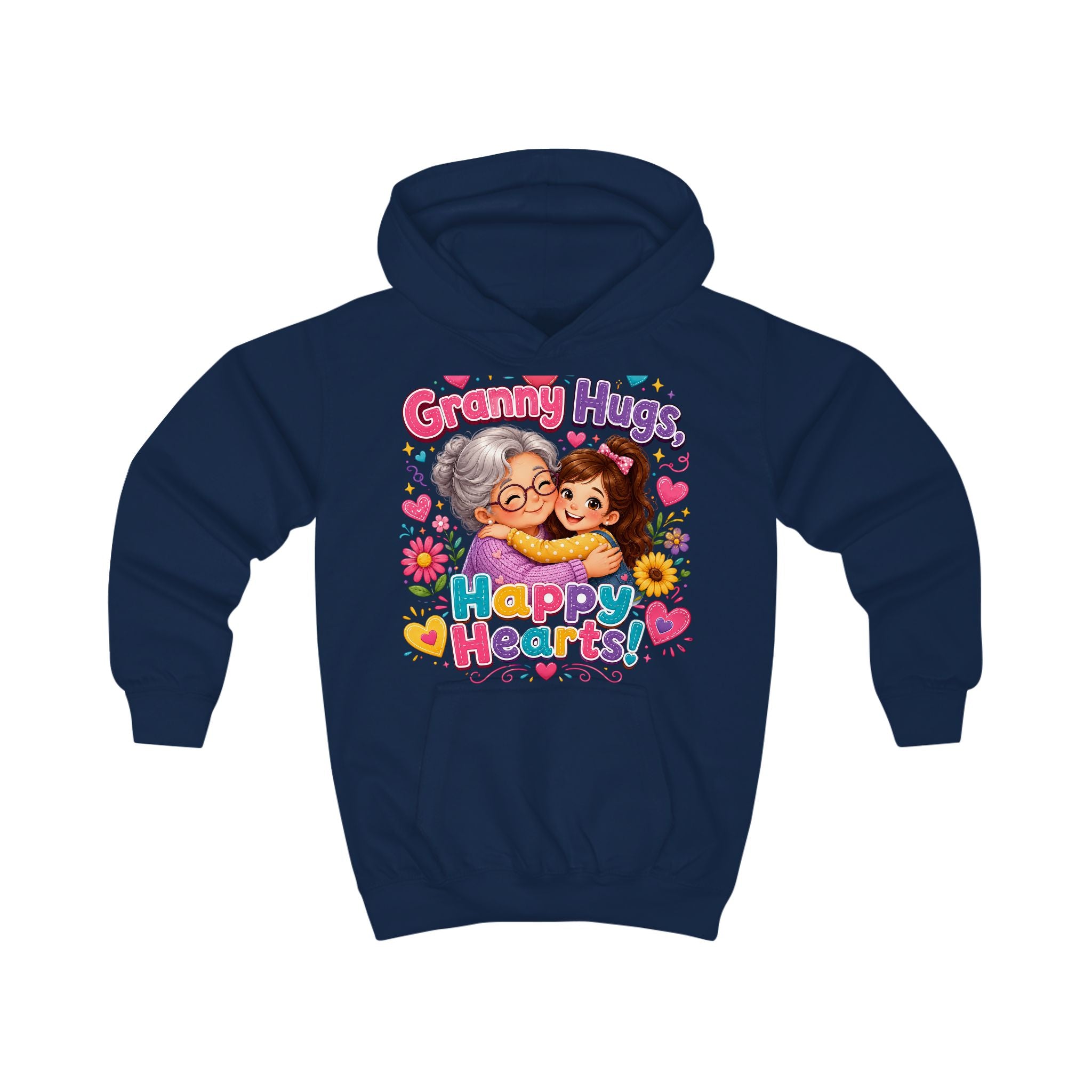 Kids Hoodie — "Granny Hugs, Happy Hearts" Cute Grandmother & Child Graphic Hoodie