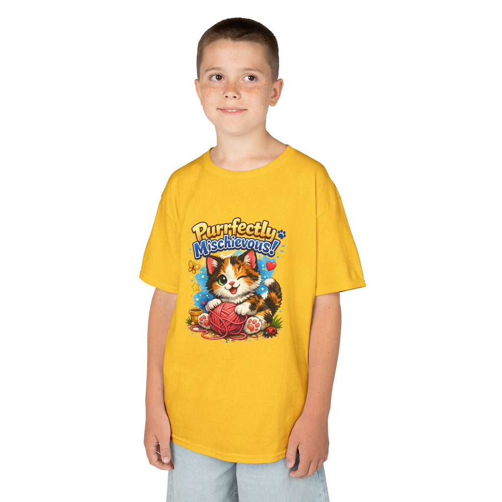 Kids T-Shirt — "Purrfectly Mischievous" Cute Kitten Playing with Yarn