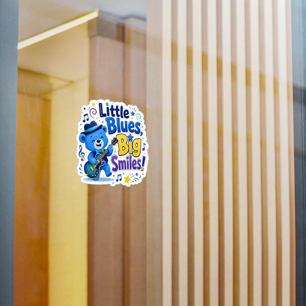 Little Blues Big Smiles Sticker — Cute Guitar Bear Kiss-Cut Vinyl Decal