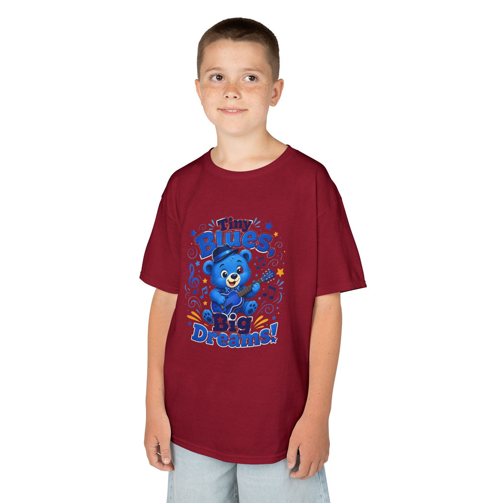 Kids Tee - "Tiny Blues, Big Dreams!" Cute Blue Bear Music Graphic