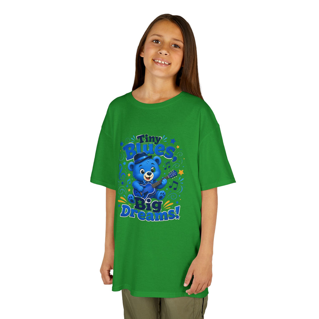 Kids Tee - "Tiny Blues, Big Dreams!" Cute Blue Bear Music Graphic