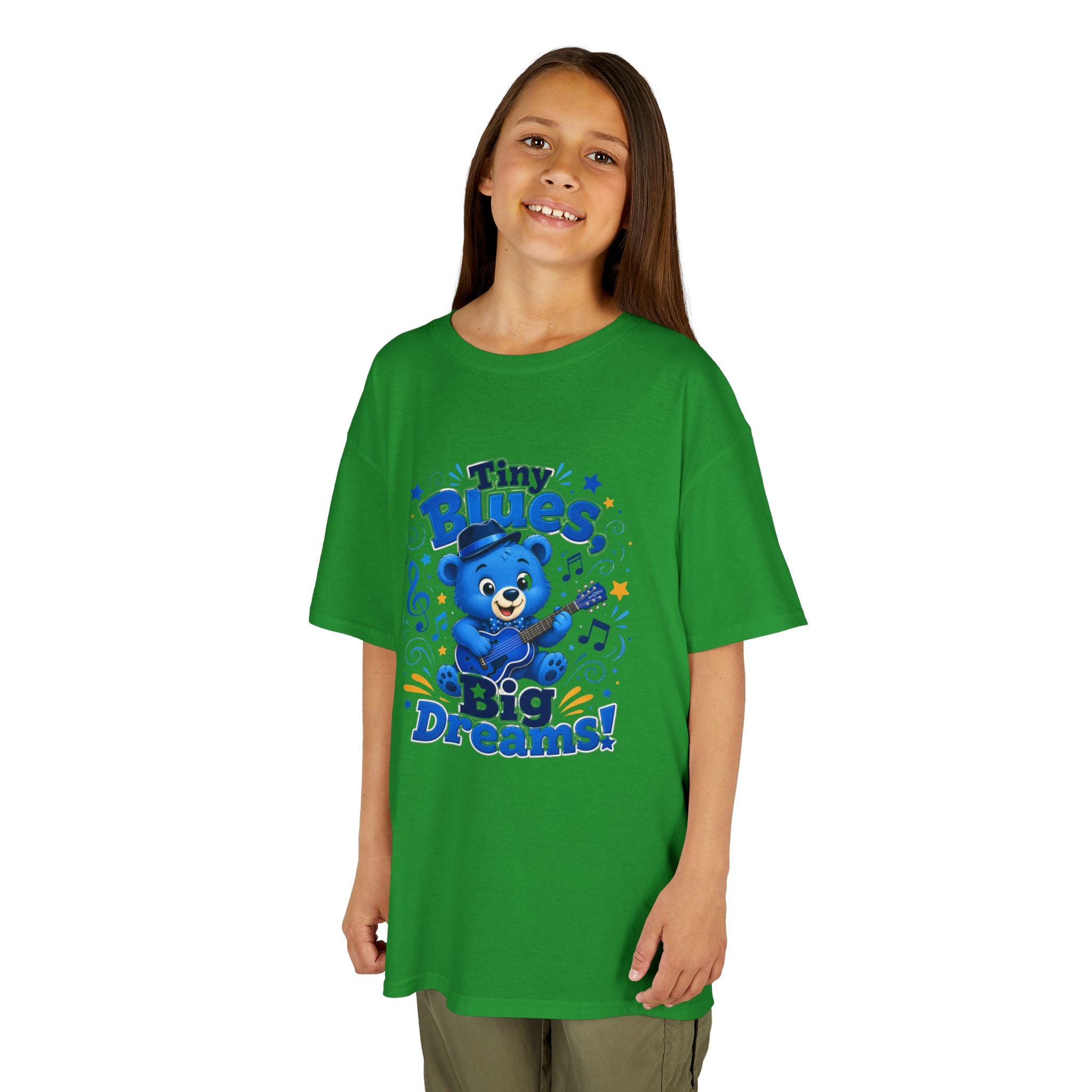 Kids Tee - "Tiny Blues, Big Dreams!" Cute Blue Bear Music Graphic