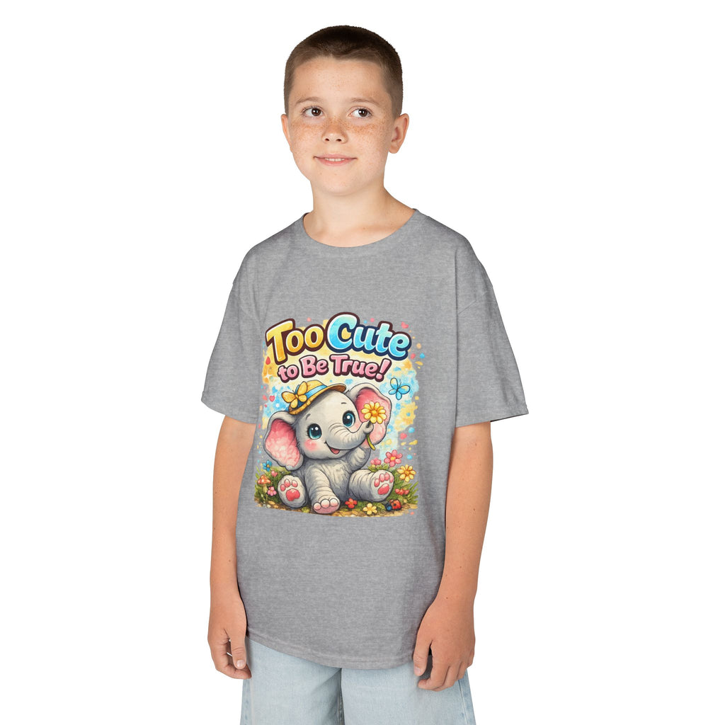 Kids Tee — "Too Cute to Be True" Elephant Graphic