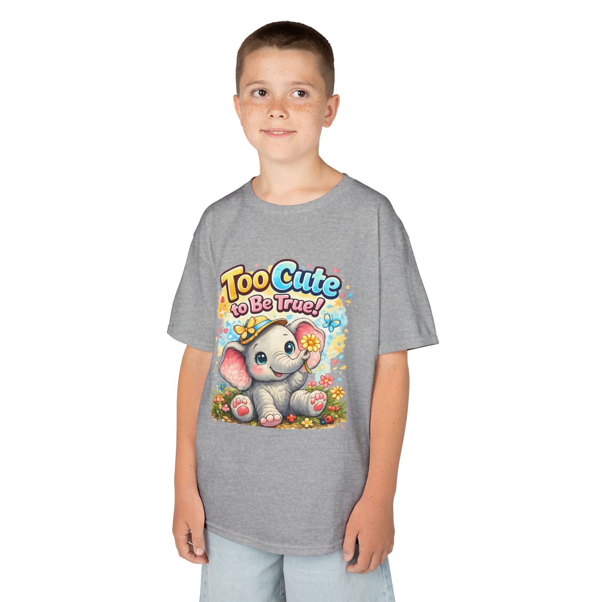 Kids Tee — "Too Cute to Be True" Elephant Graphic