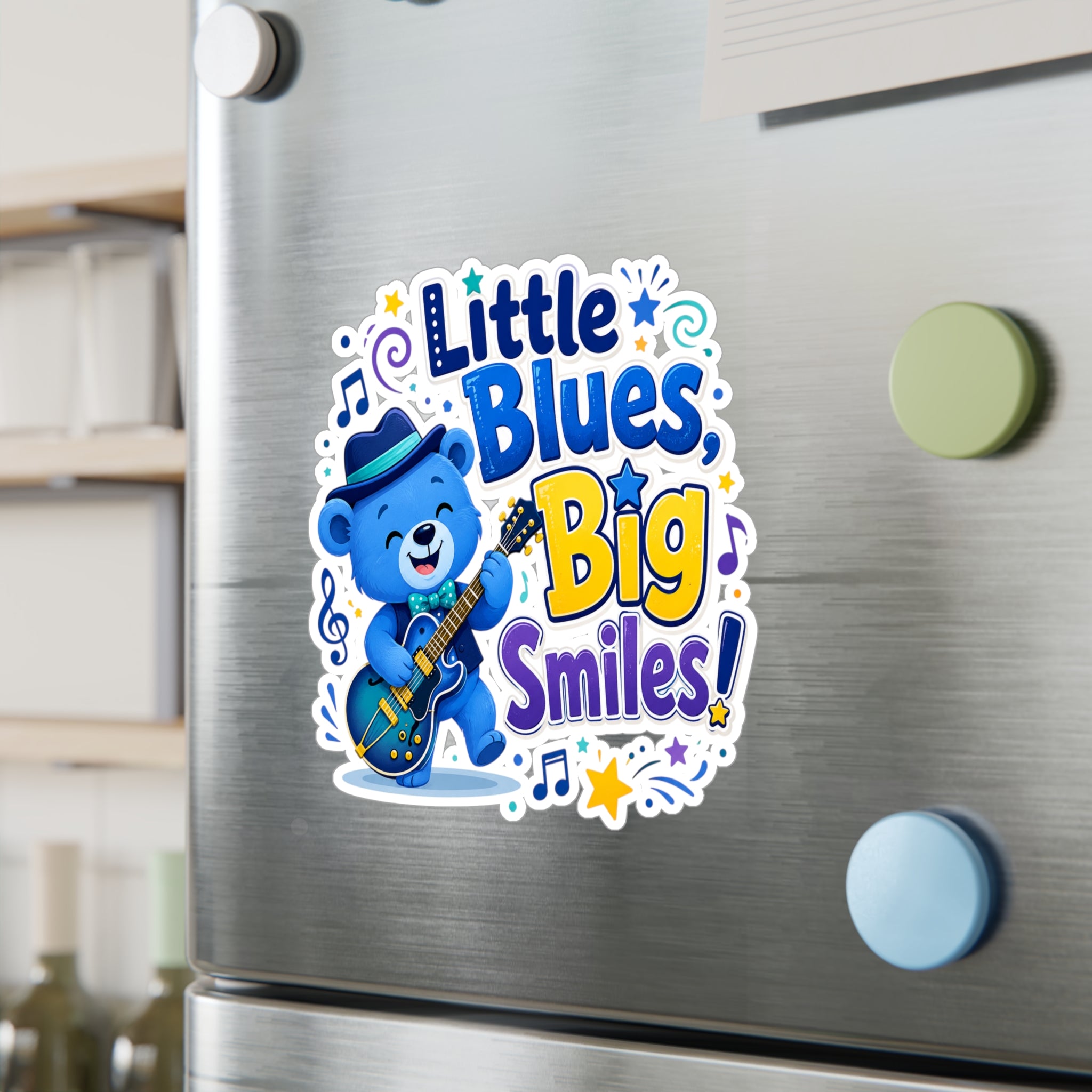 Little Blues Big Smiles Sticker — Cute Guitar Bear Kiss-Cut Vinyl Decal