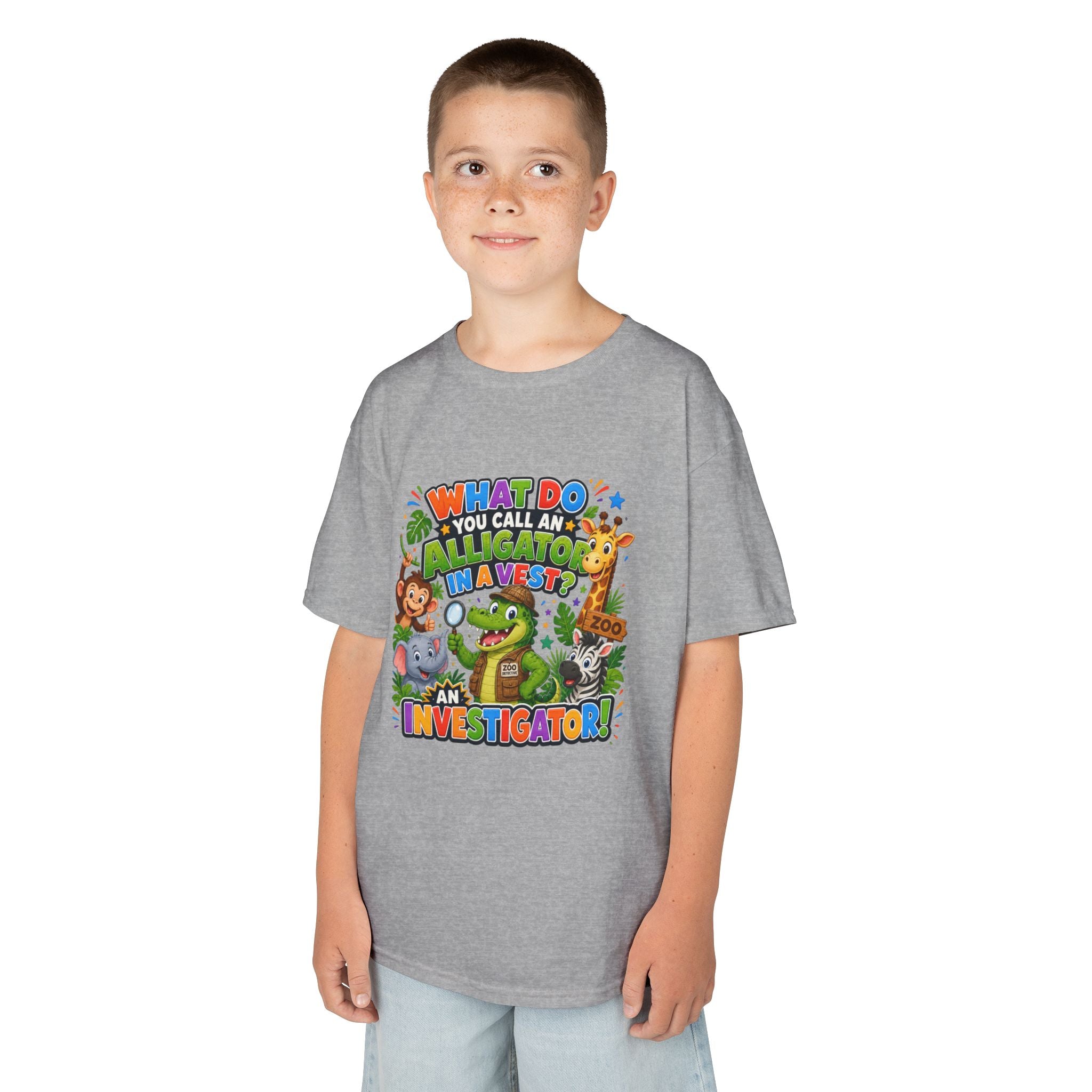 What Do You Call An Alligator? Investigator Kids T-Shirt | Cute Jungle Animals Puzzle