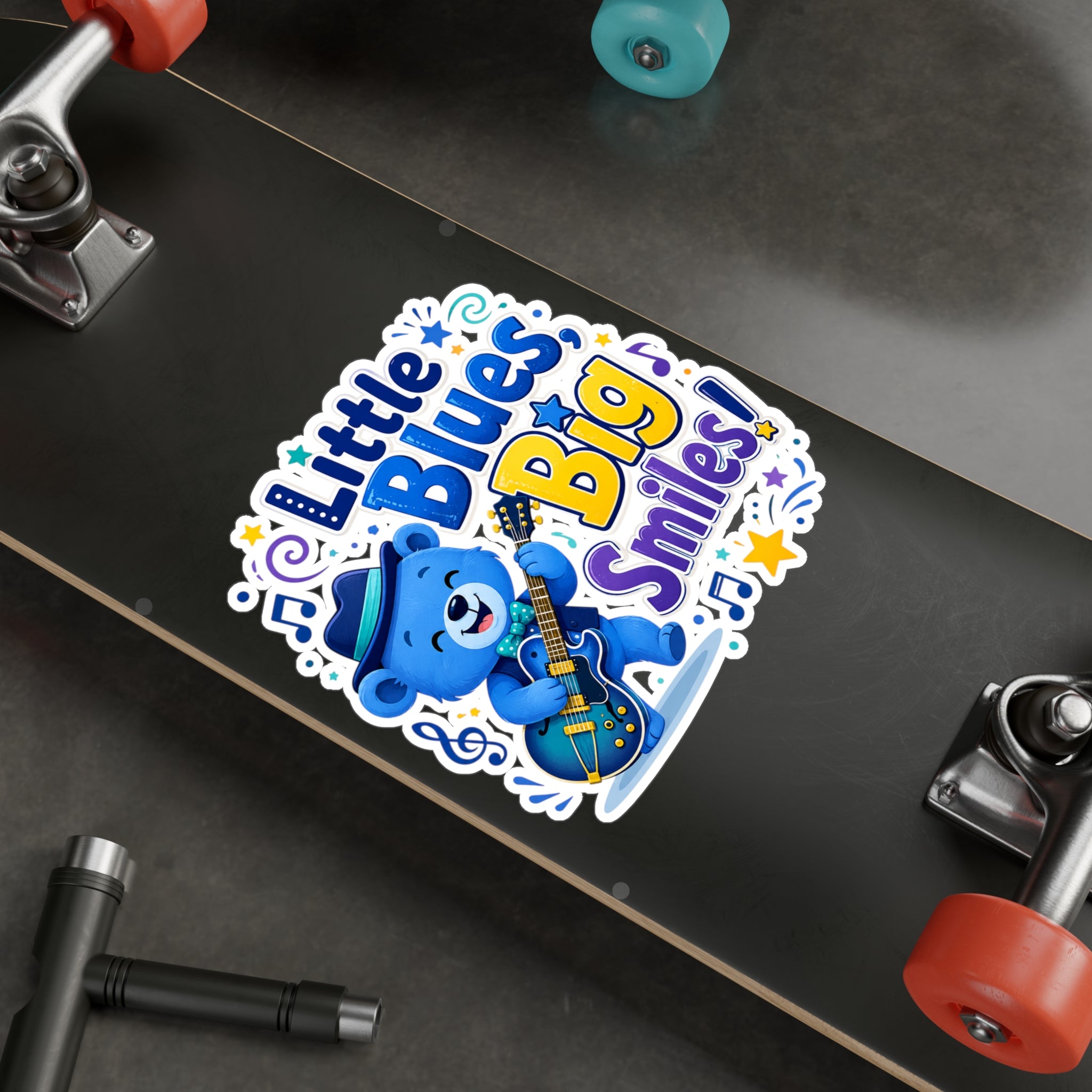 Little Blues Big Smiles Sticker — Cute Guitar Bear Kiss-Cut Vinyl Decal