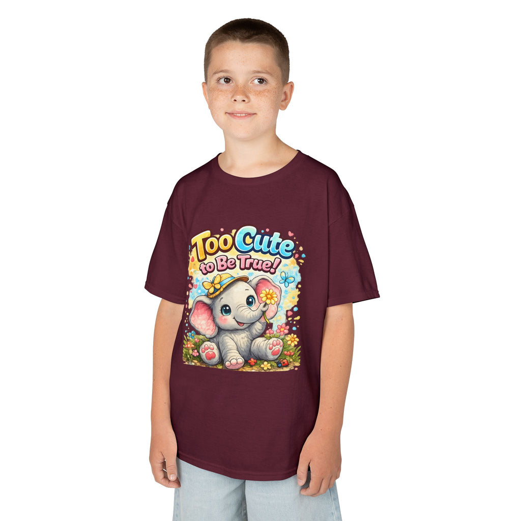 Kids Tee — "Too Cute to Be True" Elephant Graphic