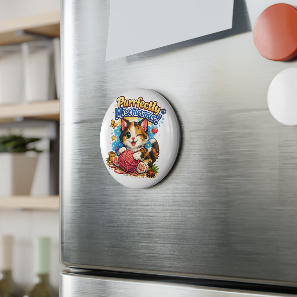 Purrfectly Mischievous! Cat Button Magnet — Cute Kawaii Kitten with Yarn