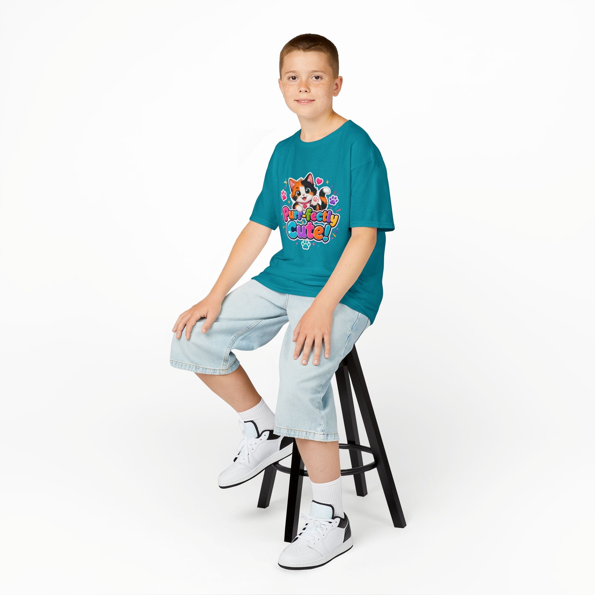 Kids Tee — “Purr-fectly Cute!” Colorful Calico Cat Graphic