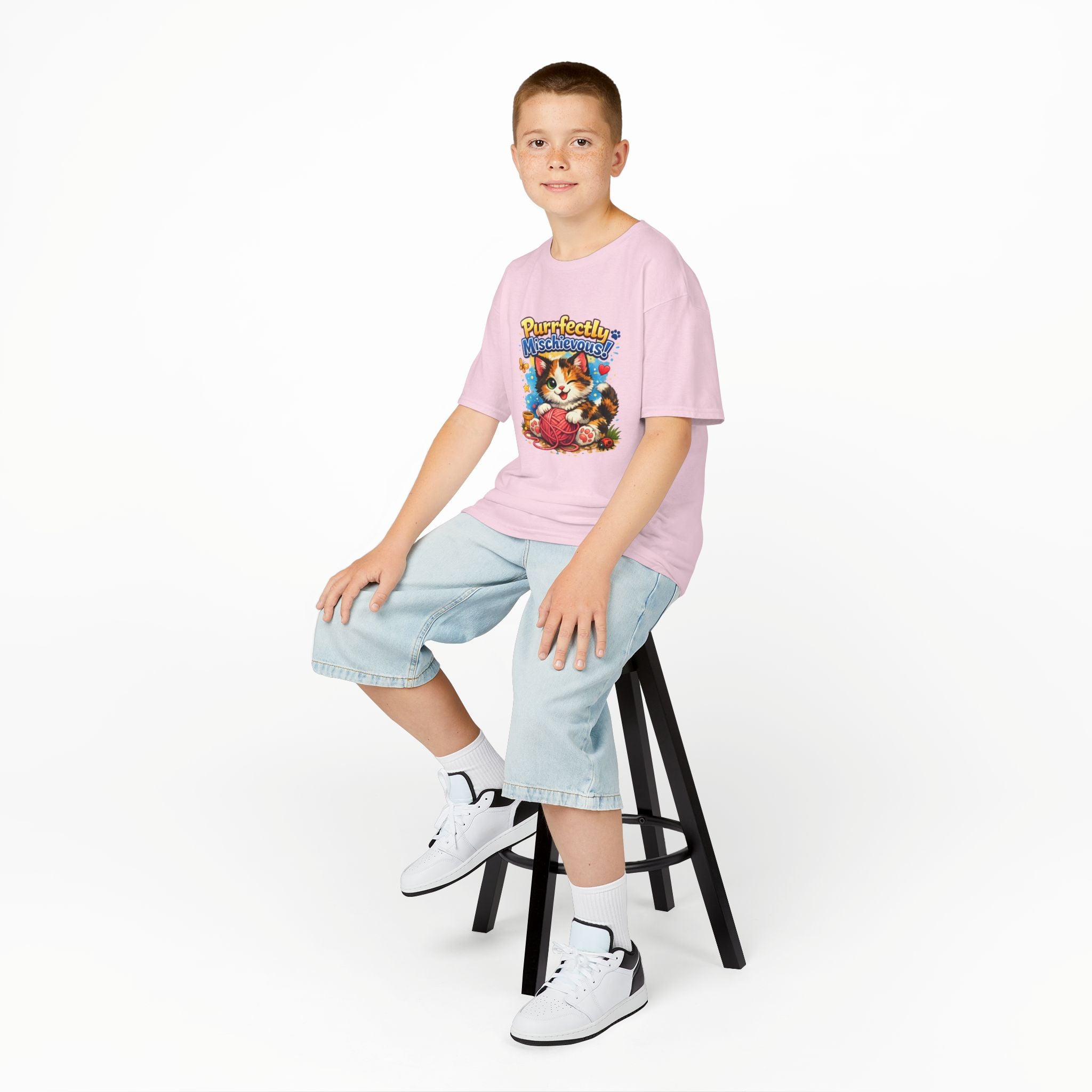 Kids T-Shirt — "Purrfectly Mischievous" Cute Kitten Playing with Yarn