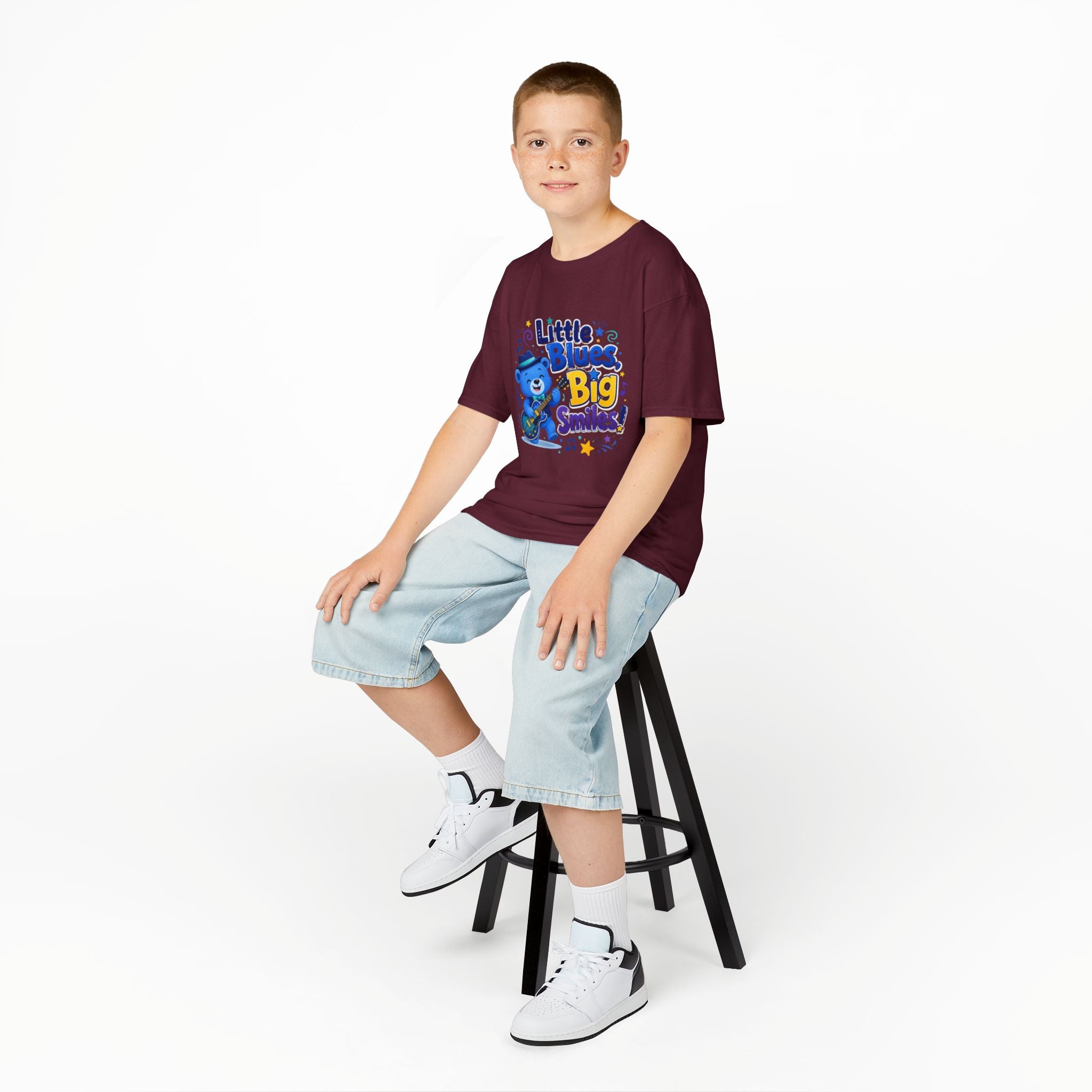 Kids Tee — "Little Blues, Big Smiles!" Guitar-Bear Graphic