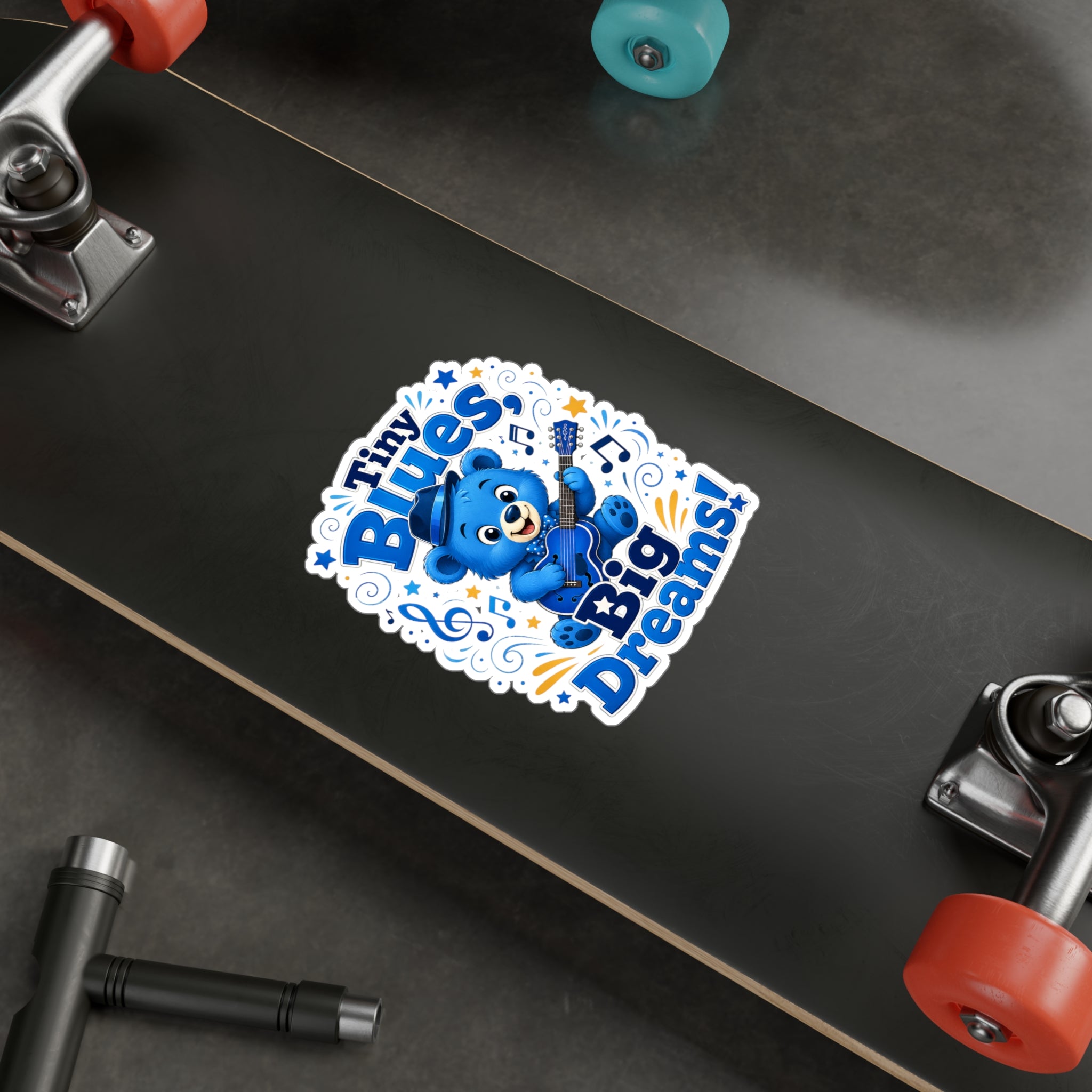 Tiny Blues Big Dreams Sticker — Cute Blue Bear Guitar Kiss-Cut Vinyl Decal