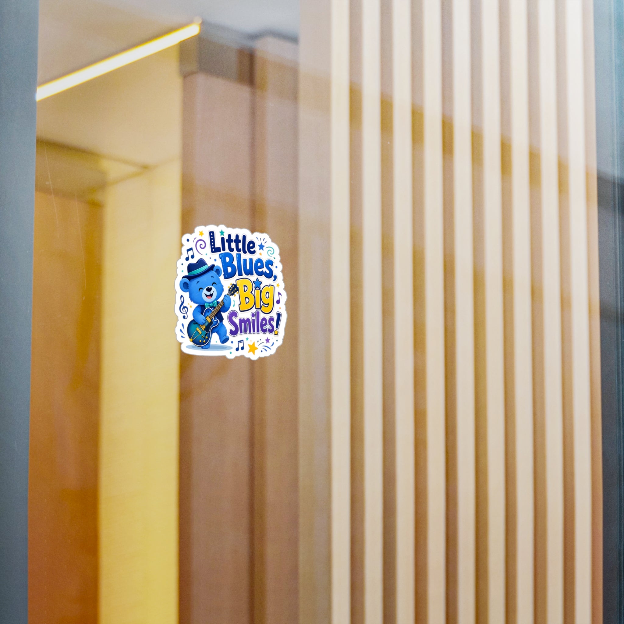 Little Blues Big Smiles Sticker — Cute Guitar Bear Kiss-Cut Vinyl Decal