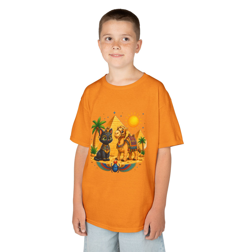 Egyptian Cats and Camel Kids Tee | Pyramid Desert Sun Illustration