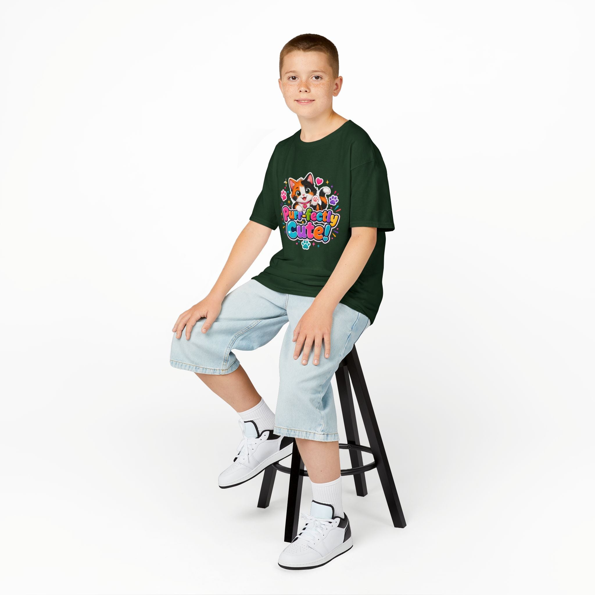 Kids Tee — “Purr-fectly Cute!” Colorful Calico Cat Graphic